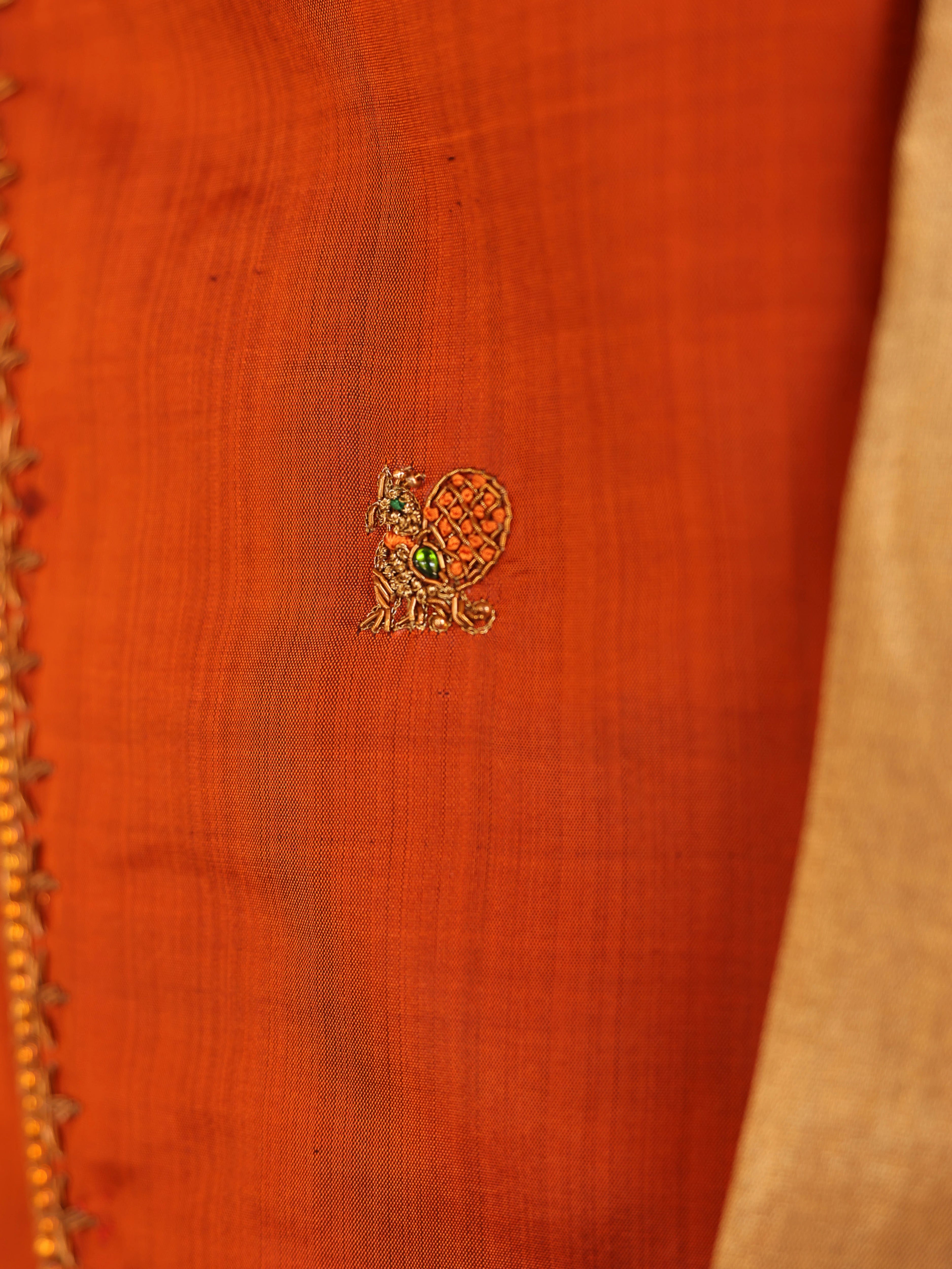 "VANDHIYATHEVAN" - Burnt Orange, Gold & Silver Kanjeevaram Silk Kurta Set for Men