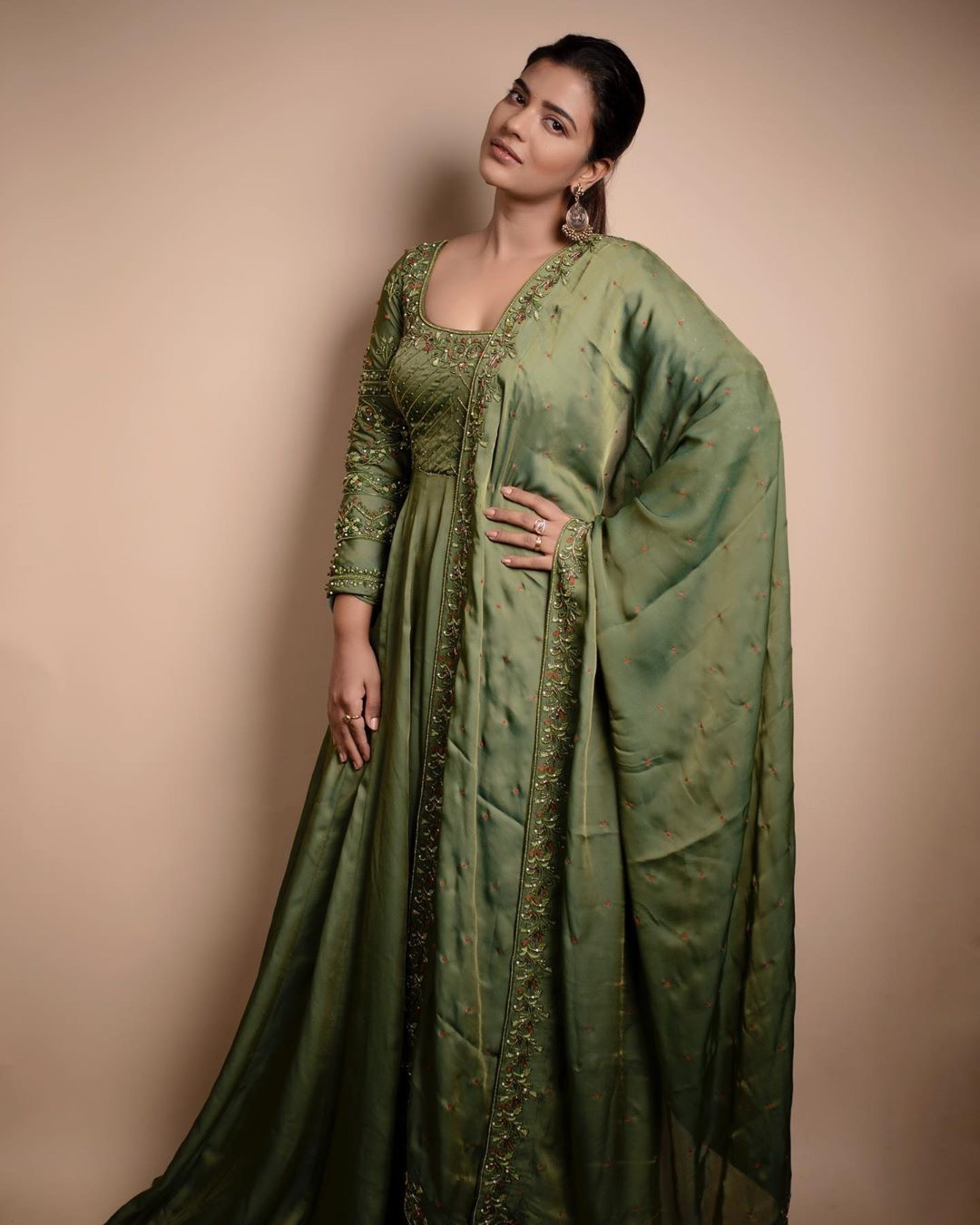 Actress Aishwarya Rajesh in a handcrafted green malkha silk anarkali