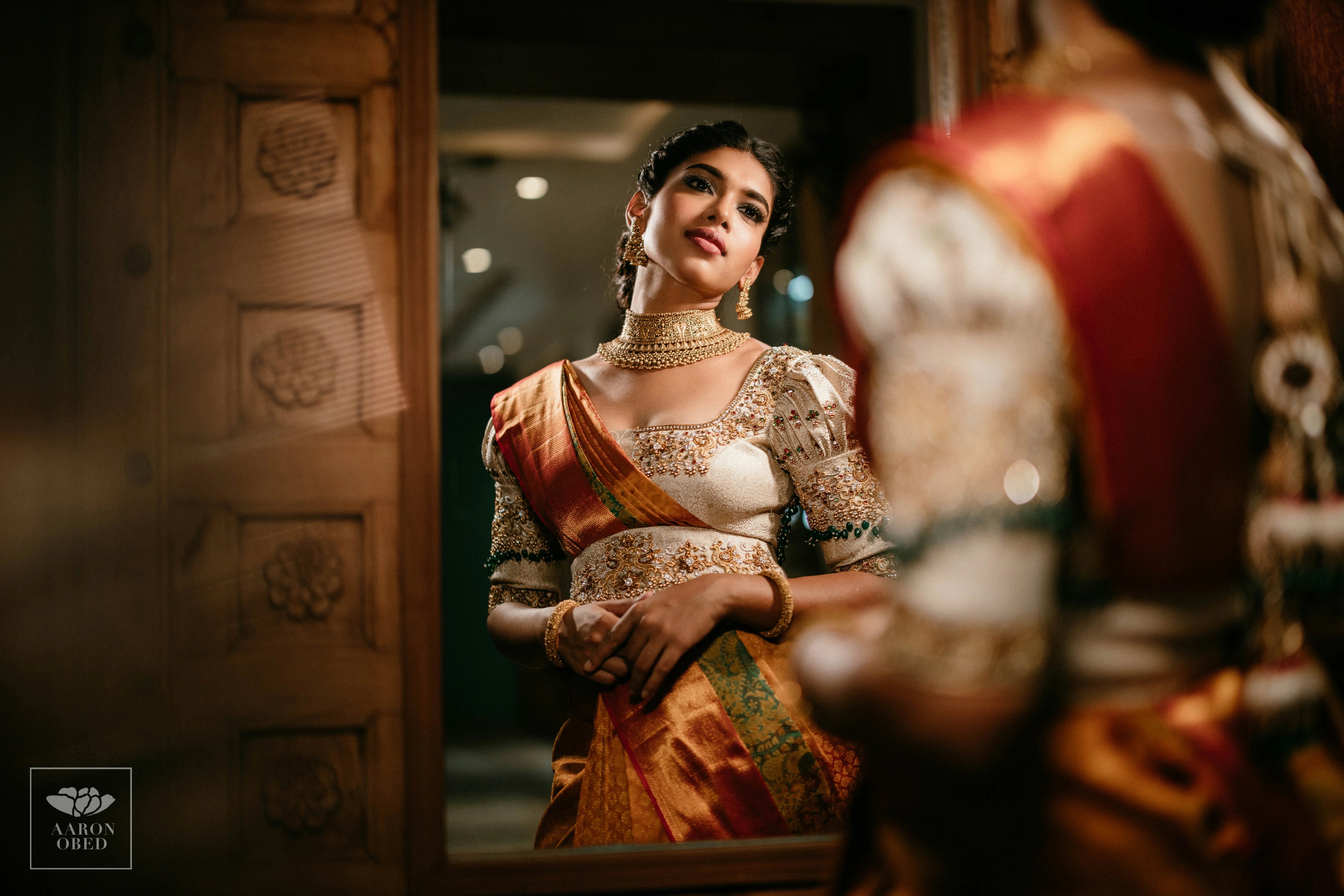 Actress Dushara Vijayan in a concept ivory brocade blouse and belt, intricately handcrafted with zardozi, beads, crystals, zari and kundan.