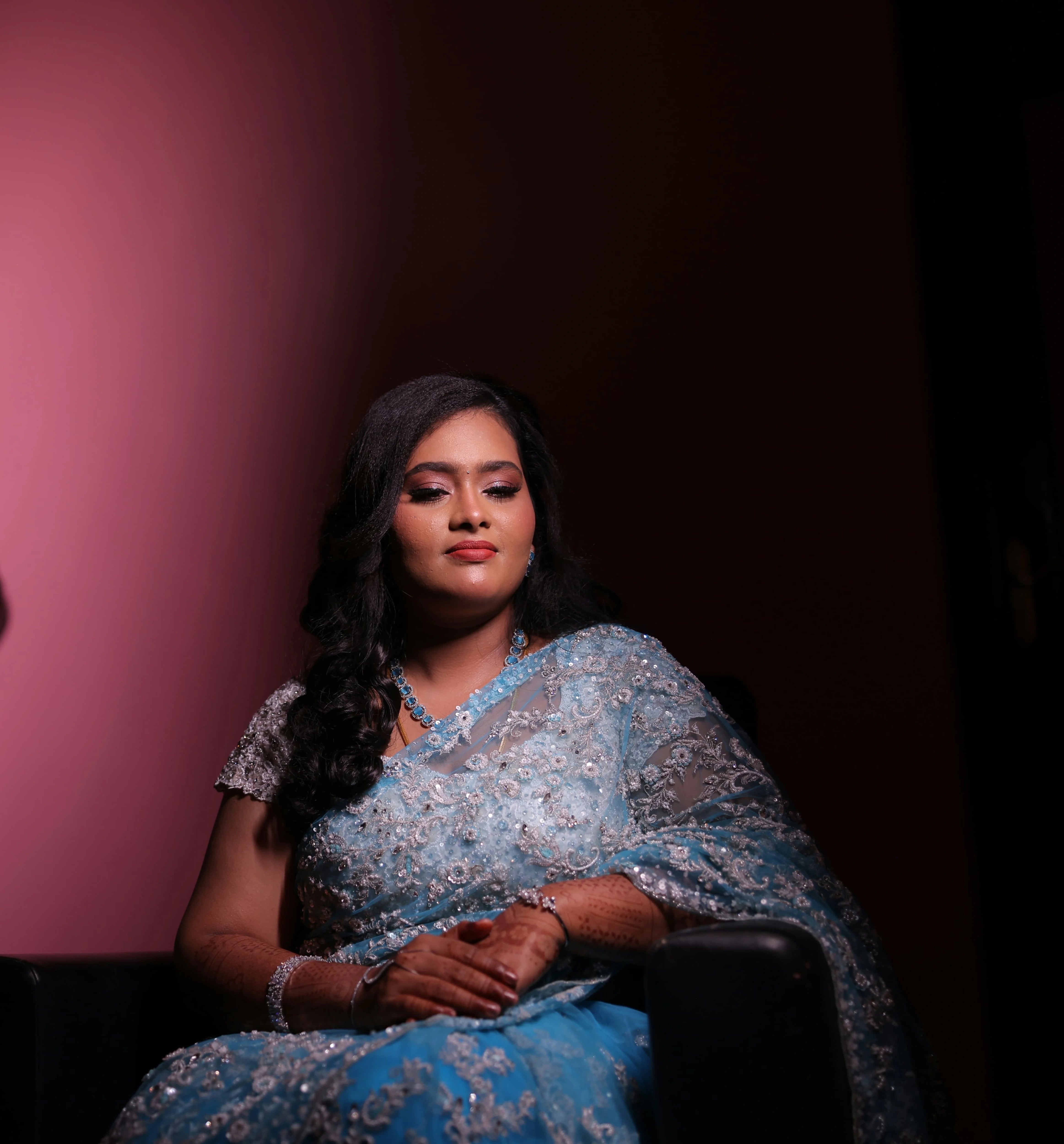 Bride Ananthi Christina during shoot in a blue tulle saree by team Archana Karthick.