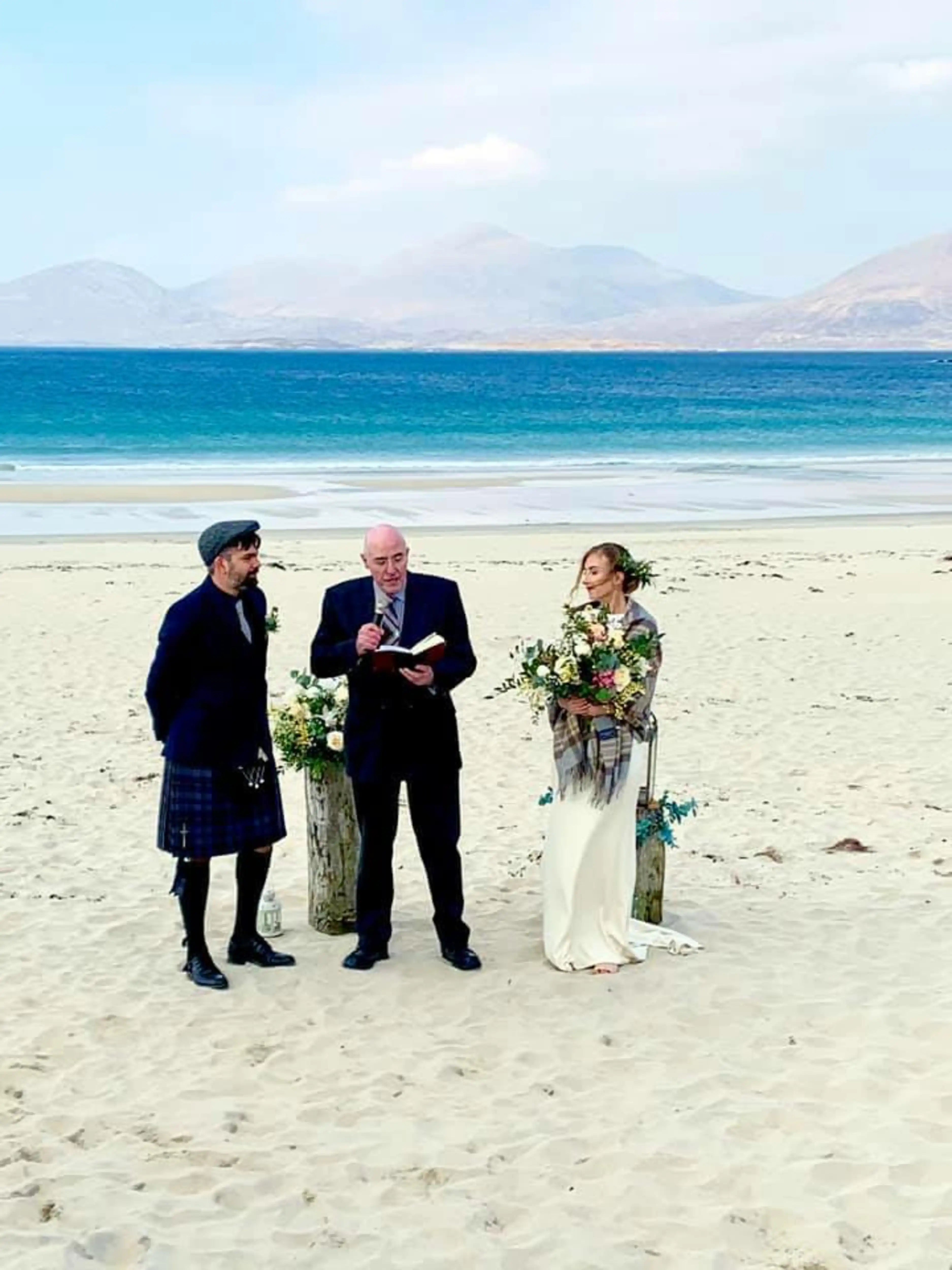 Bride Catriona from Scotland in a white gown for her beach wedding, handcrafted by team Archana Karthick.