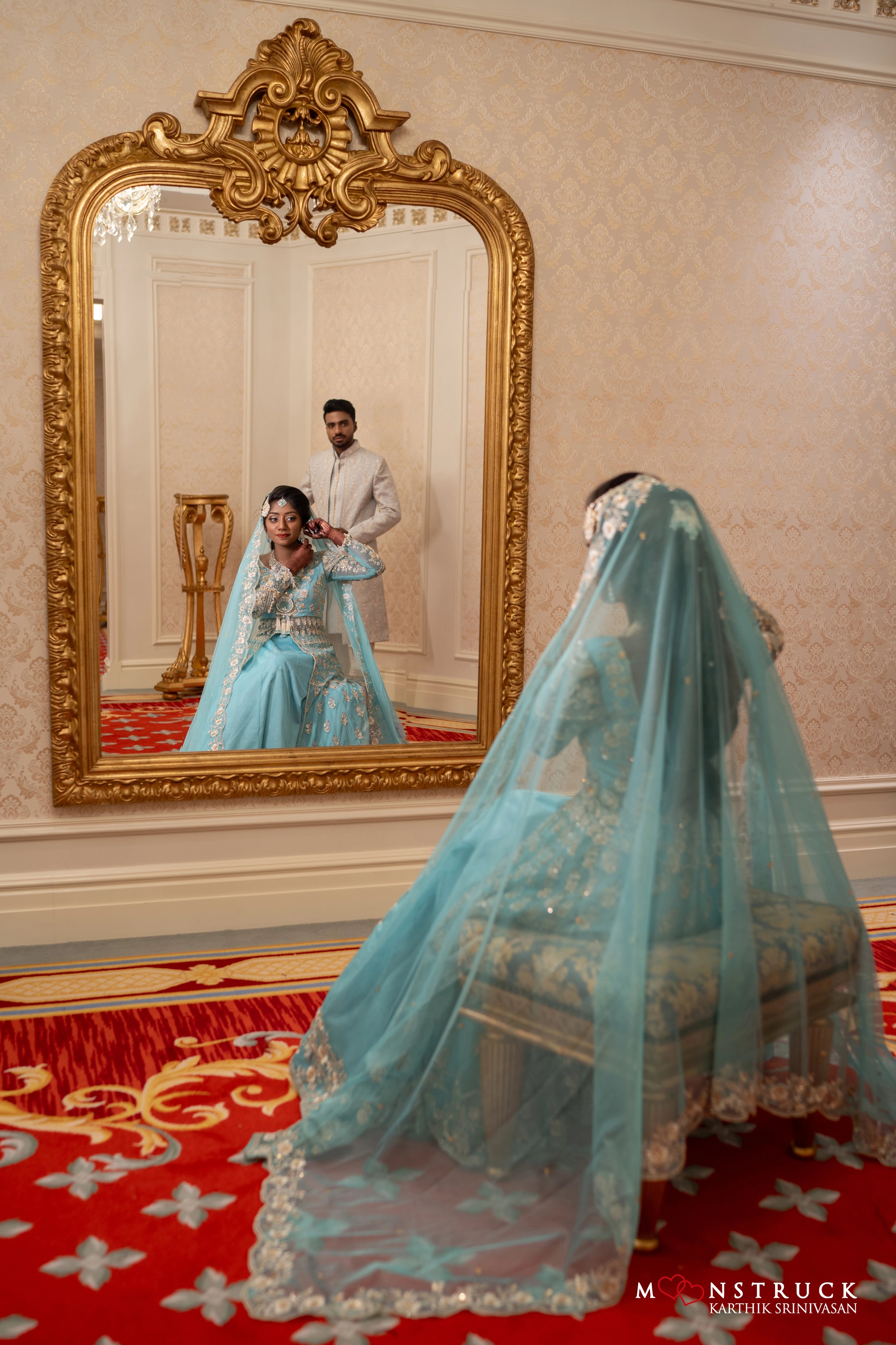 Bride Harsha during photoshoot in a sea green masakali lehenga by Archana Karthick