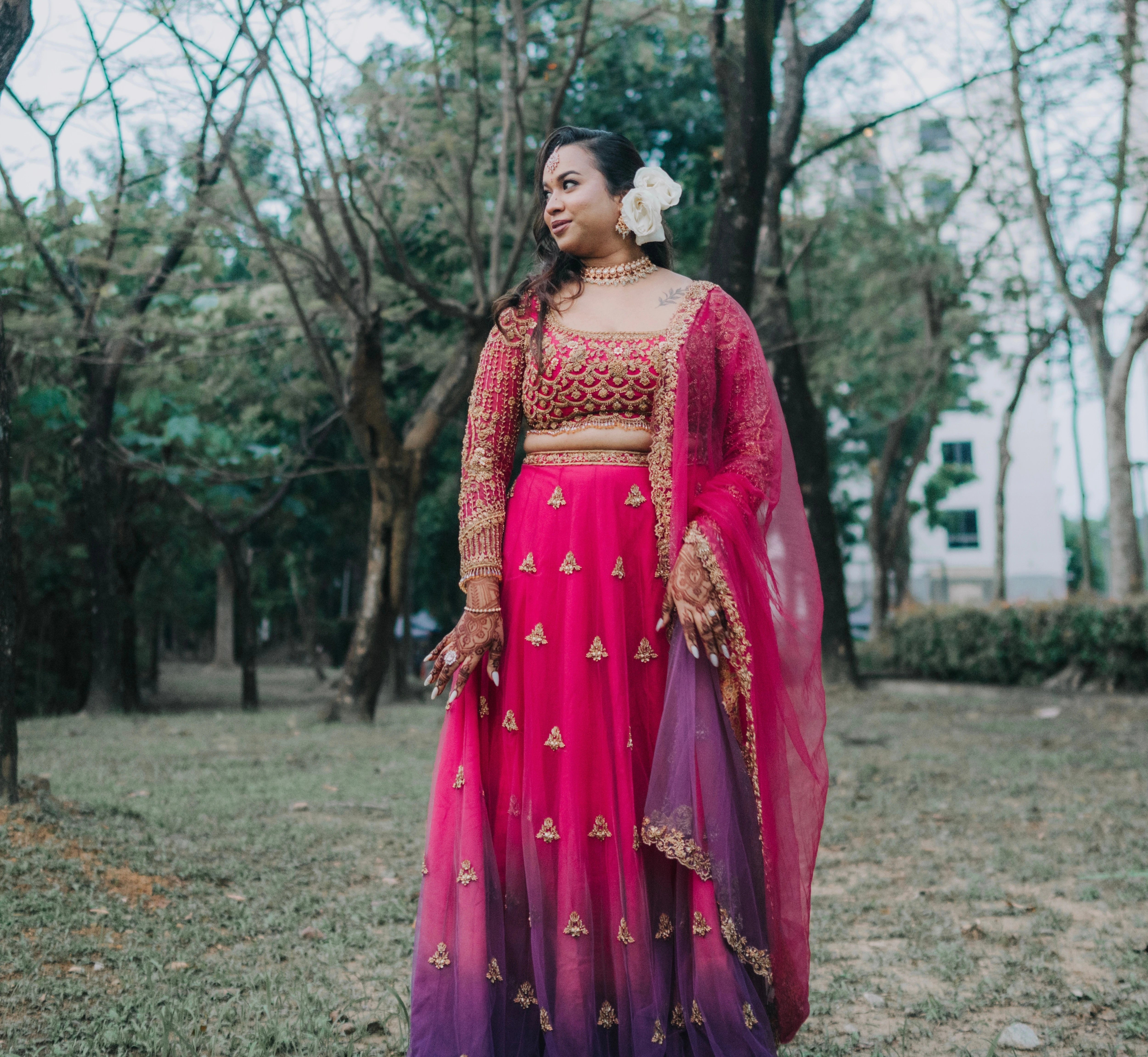 Bride Lalina from Malaysia in a pink & purple ombre lehnega by team Archana Karthick.