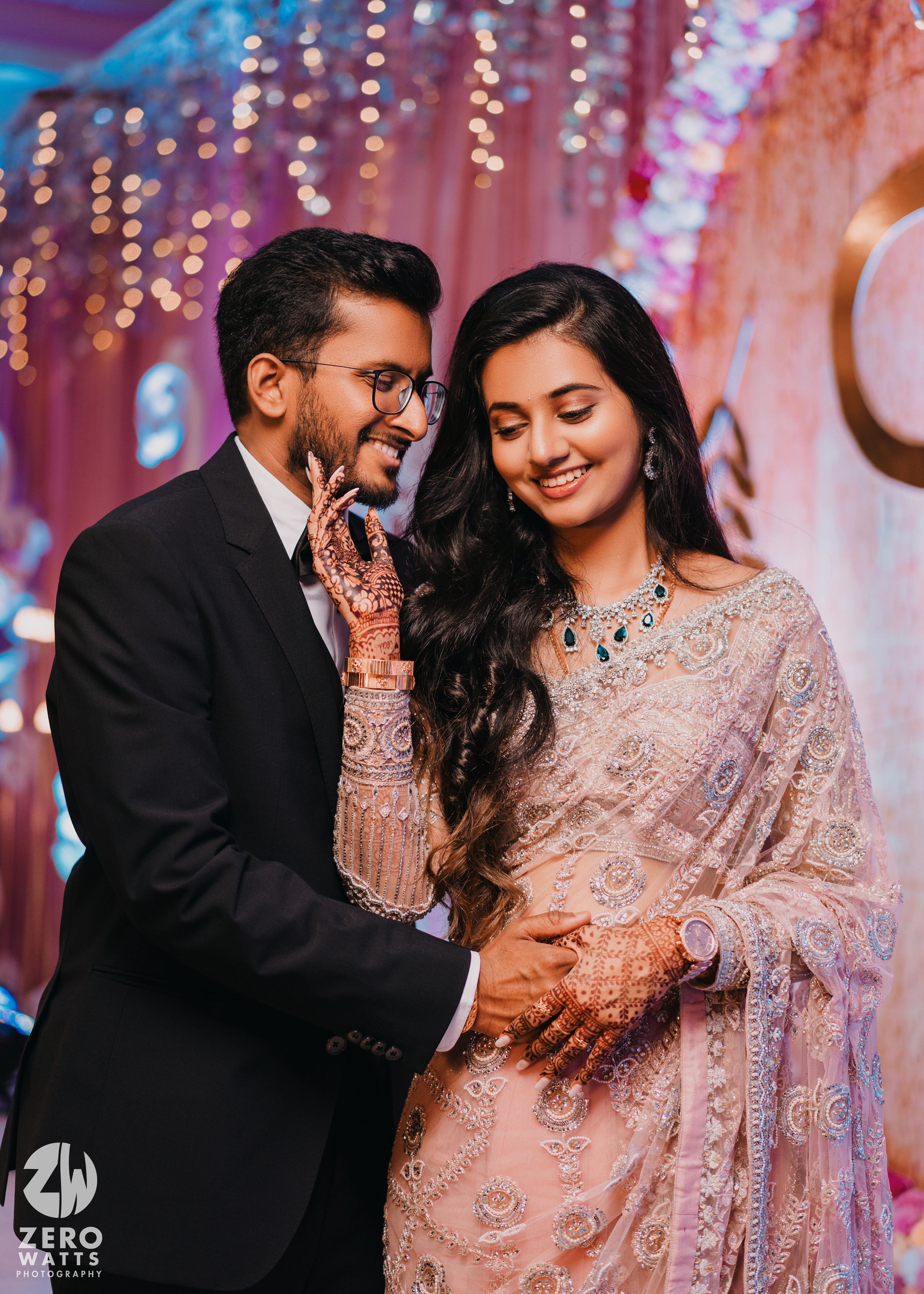 Bride from Berlin in a concept pink tulle saree designed by Archana Karthick handcrafted with stones, crystal beads, cutdanas, resham work and sequins.