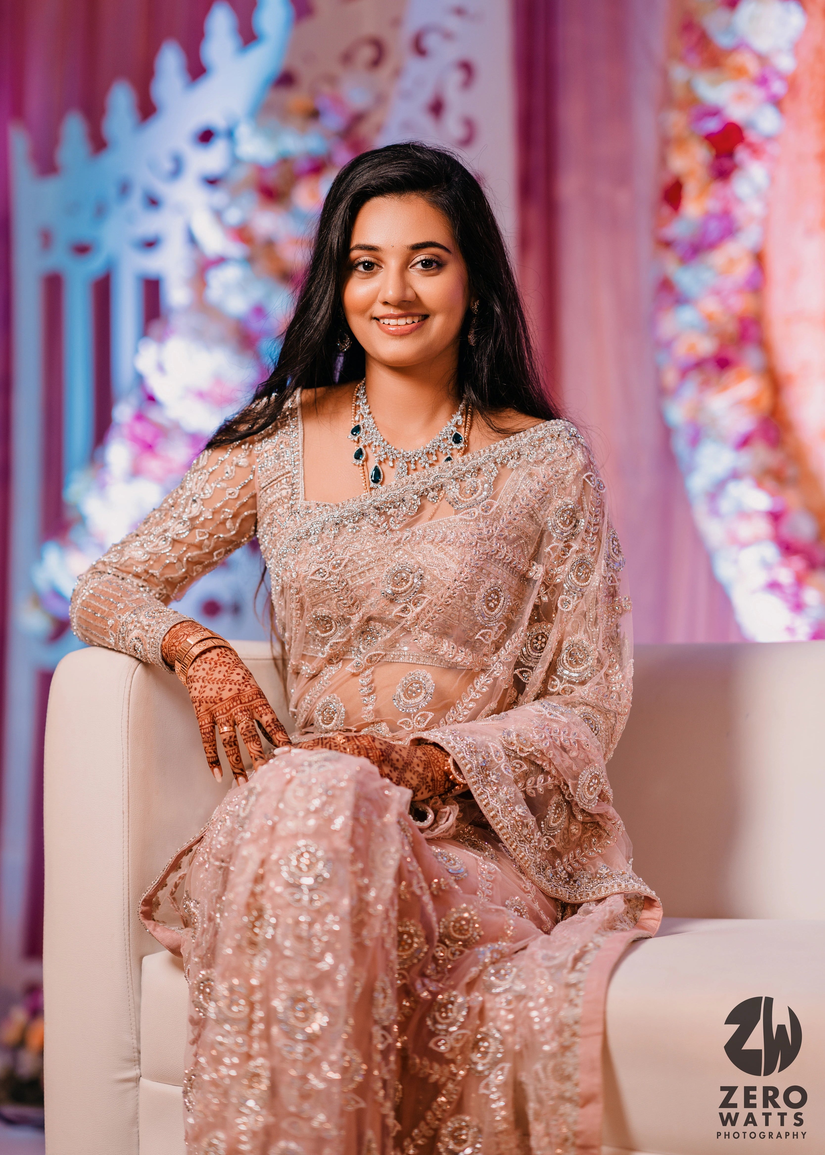Bride from Berlin posing in a concept pink tulle saree designed by Archana Karthick handcrafted with stones, crystal beads, cutdanas, resham work and sequins.
