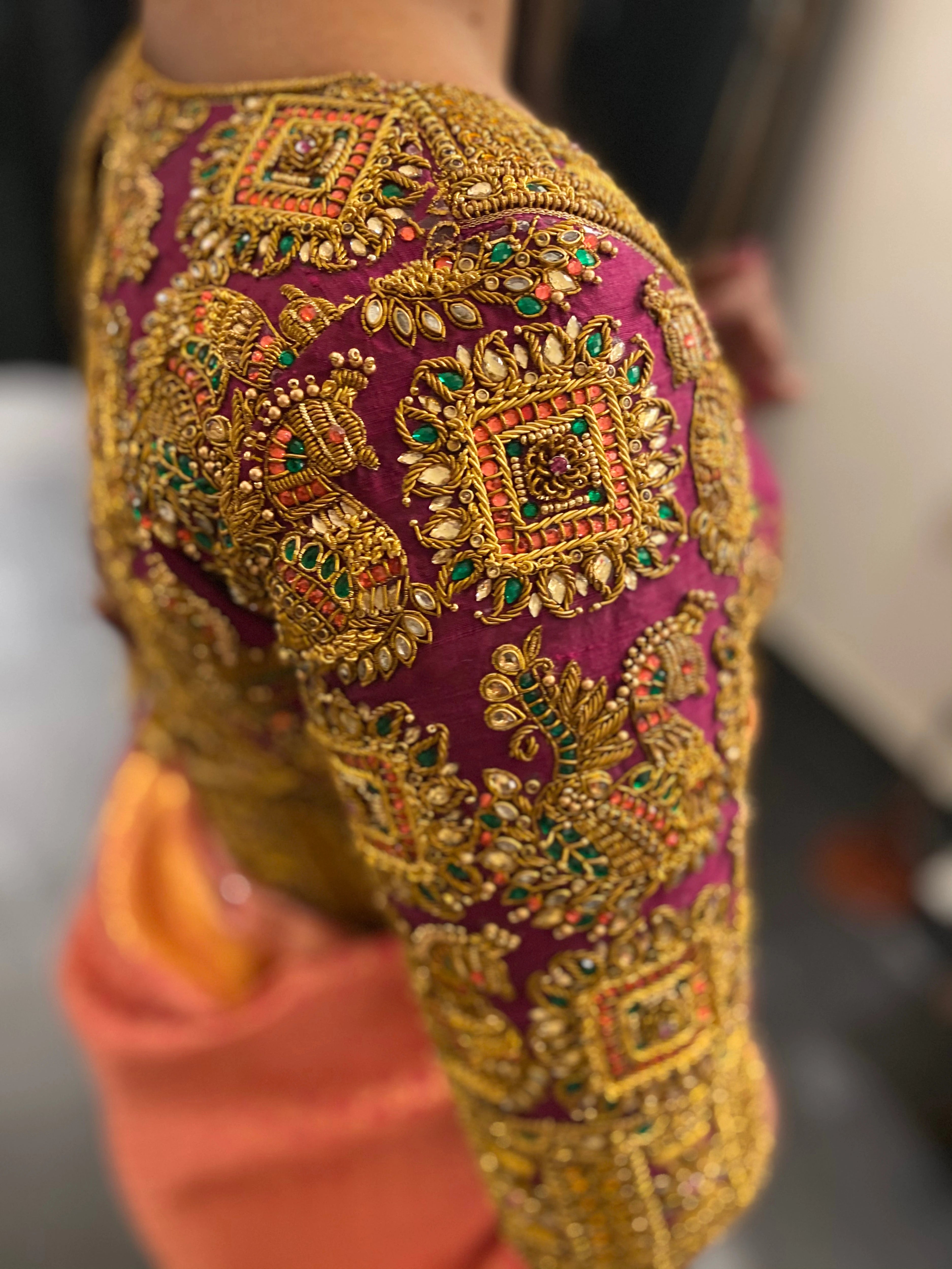 Bride from Buffalo, USA during her fittings in a purple raw silk blouse handcrafted by team Archana Karthick.