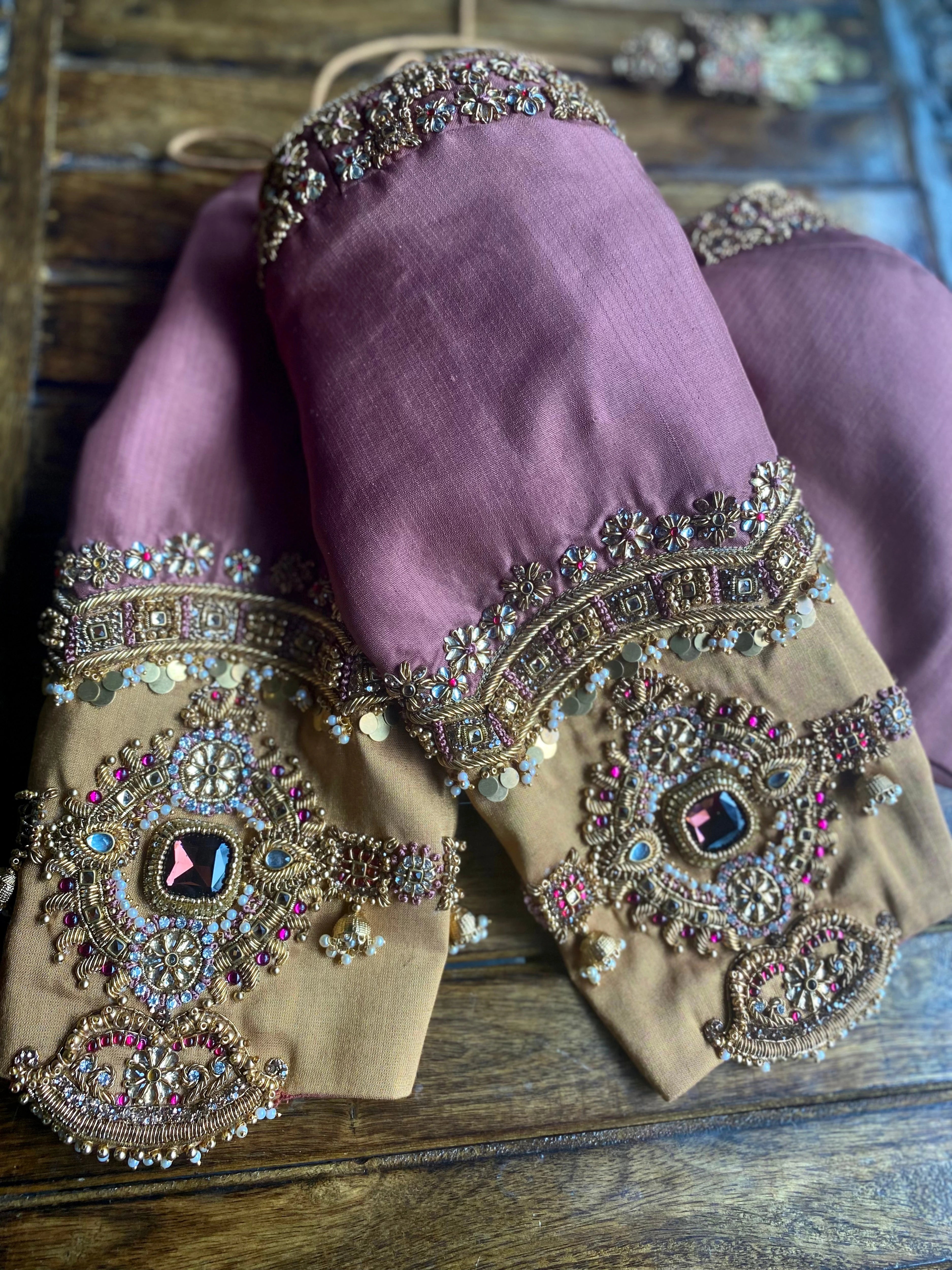 Bridesmaid Sasi's lilac silk blouse, handcrafted by team Archana Karthick.