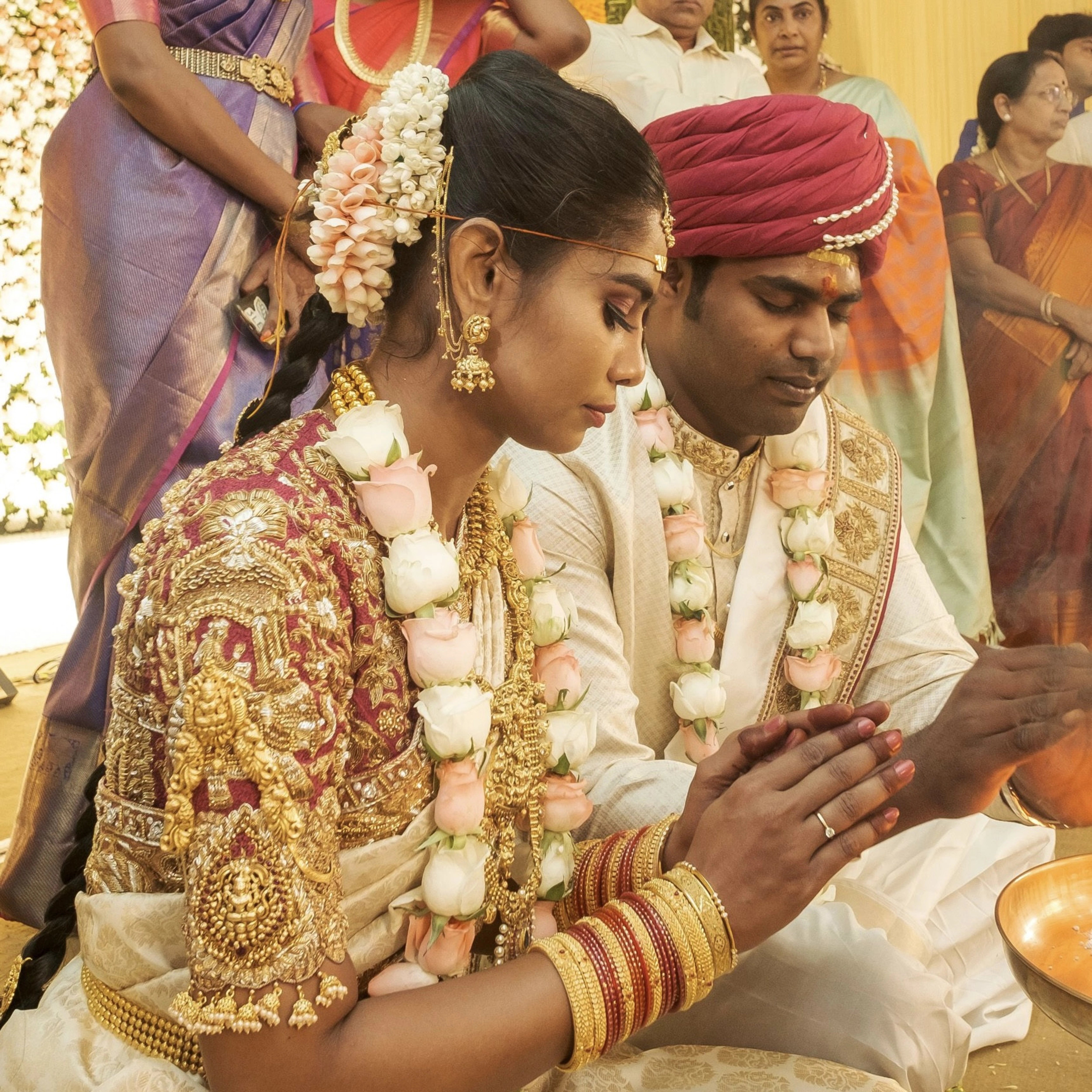Groom Gowtham in a silk panchakacham suit, shawl and turban at the ritual for his wedding, intricately handcrafted with zardosi, resham, zari and sequins by team Archana Karthick.