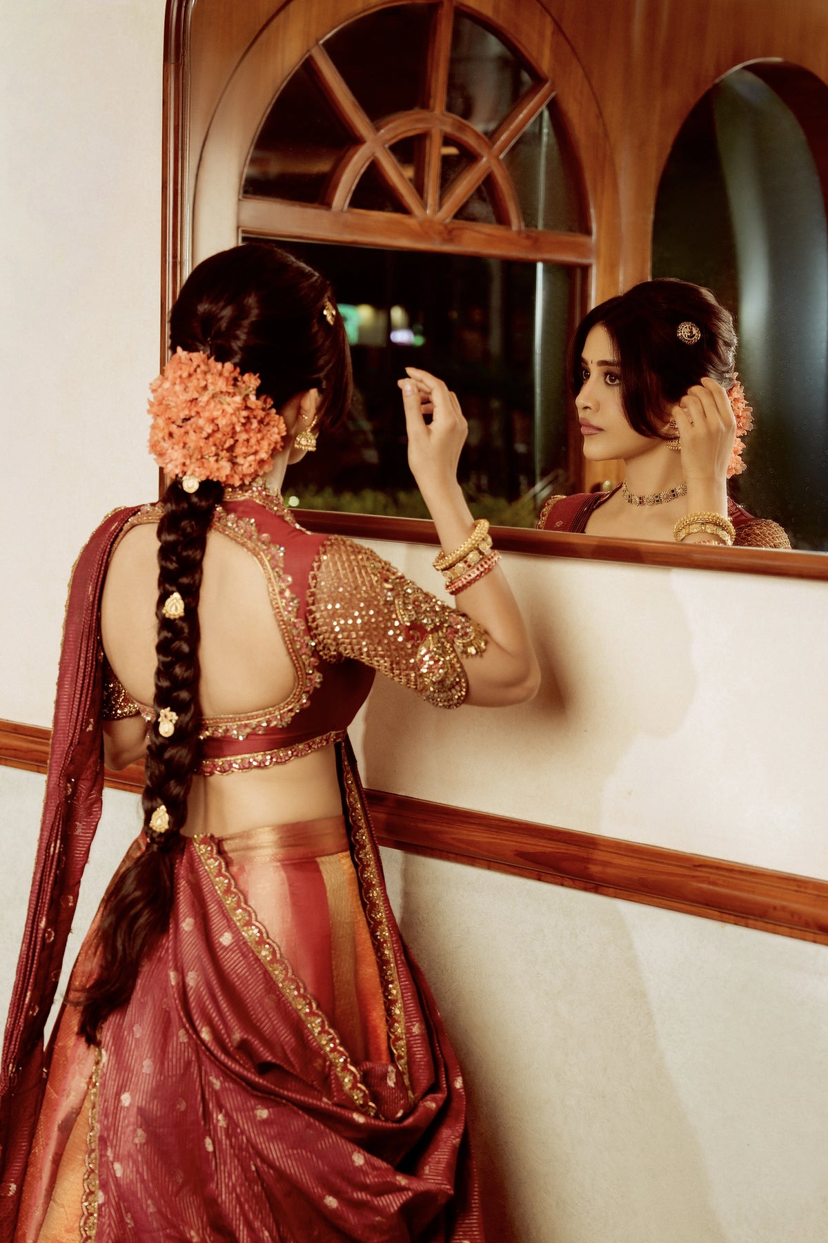 Nabha Natesh x Archana Karthick | Red & Orange Kanjeevaram Silk Half Saree