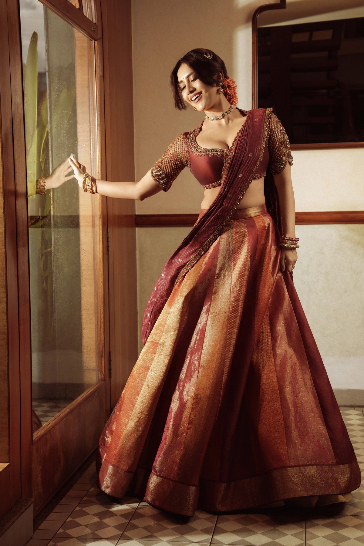 Nabha Natesh x Archana Karthick | Red & Orange Kanjeevaram Silk Half Saree