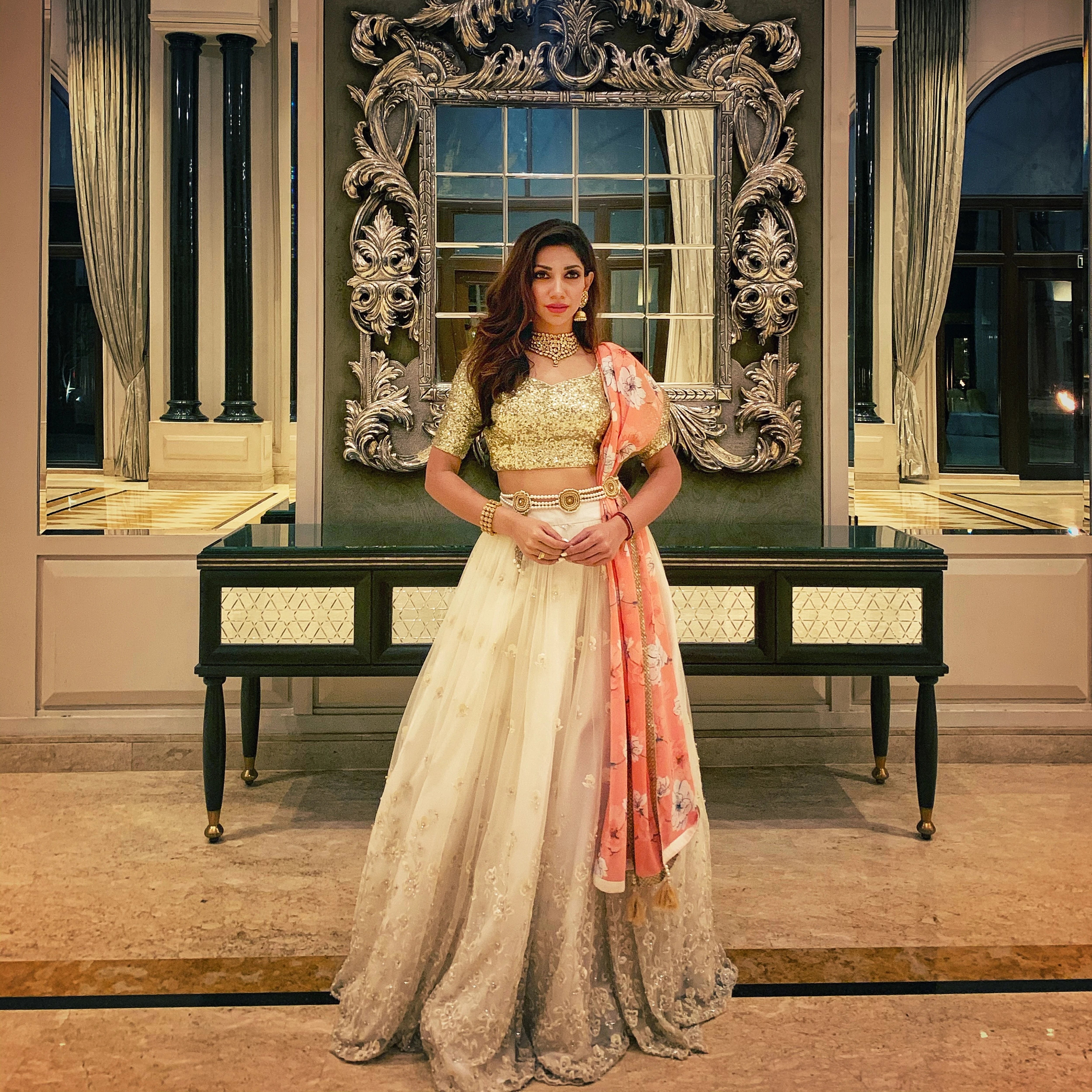 IPL commentator, anchor and playback singer Bhavana Balakrishnan in a lehenga designed by Archana Karthick.