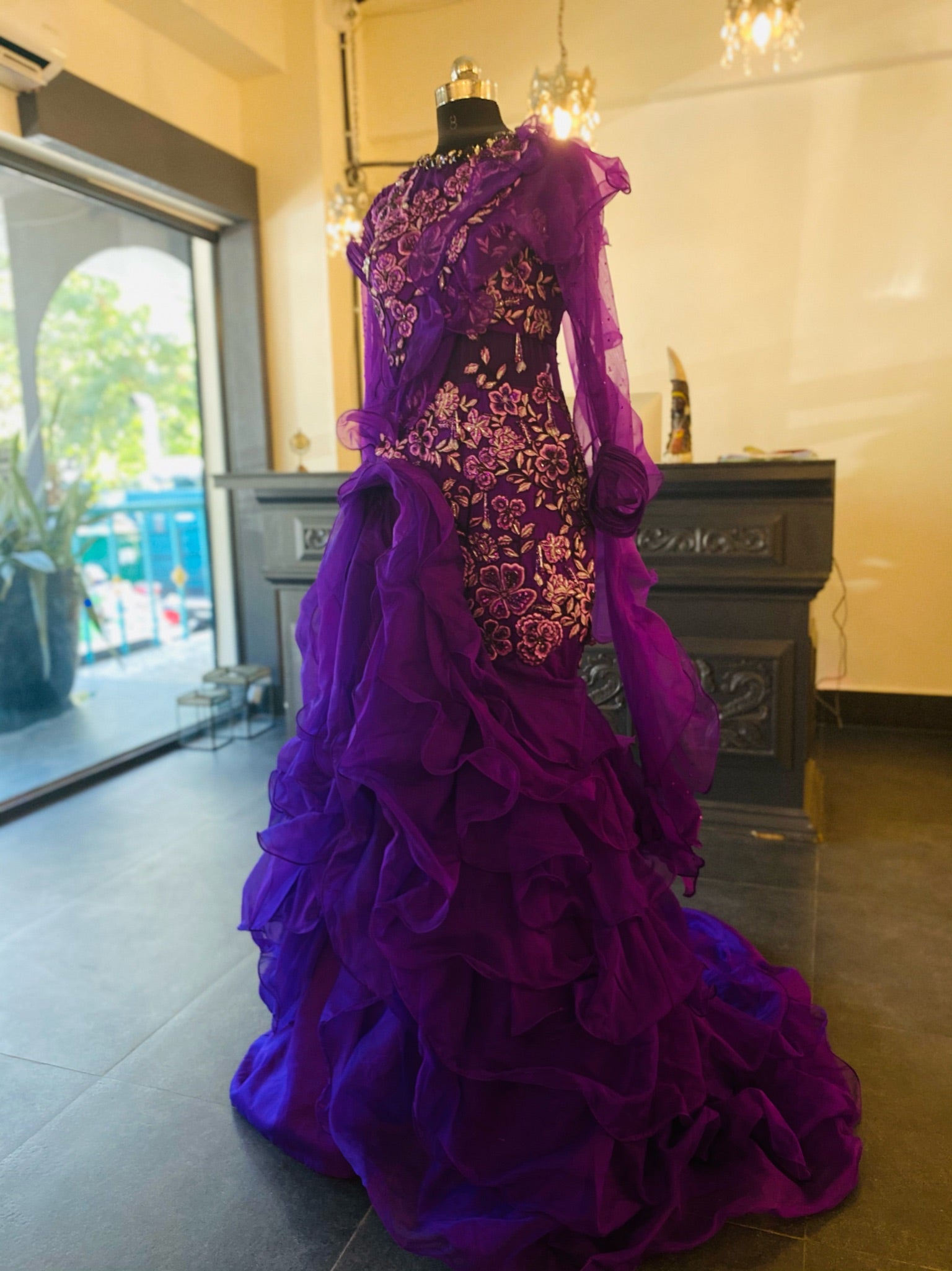 Sai Sridevi's purple gown handcrafted by team Archana Karthick.