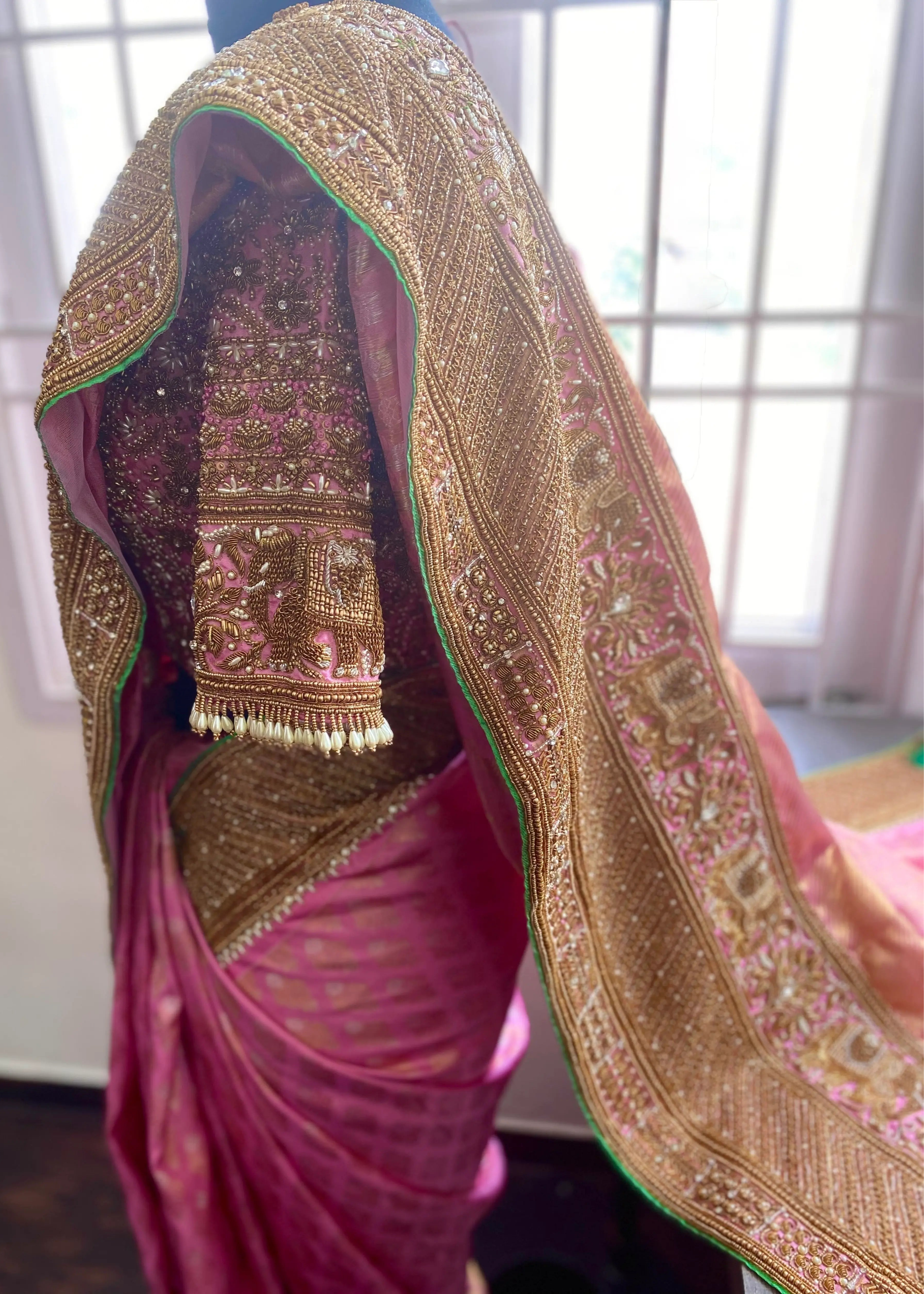 Saree border and blouse designed by Archana Karthick with zardozi and pearls for bride Sathiyapriya from Dindigul. At the atelier side profile