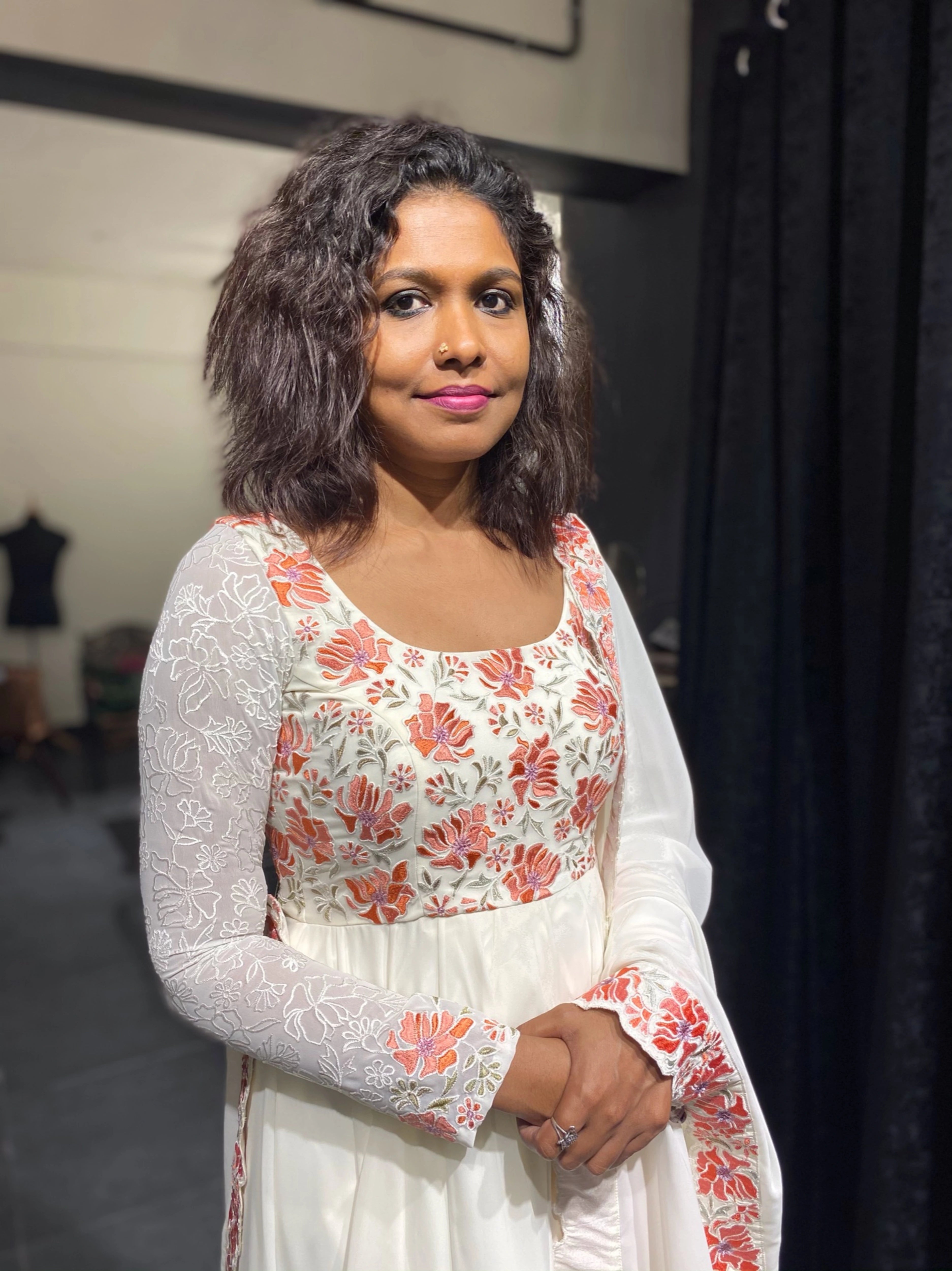 Sasi during fittings in a white anarkali handcrafted by team Archana Karthick for her birthday.
