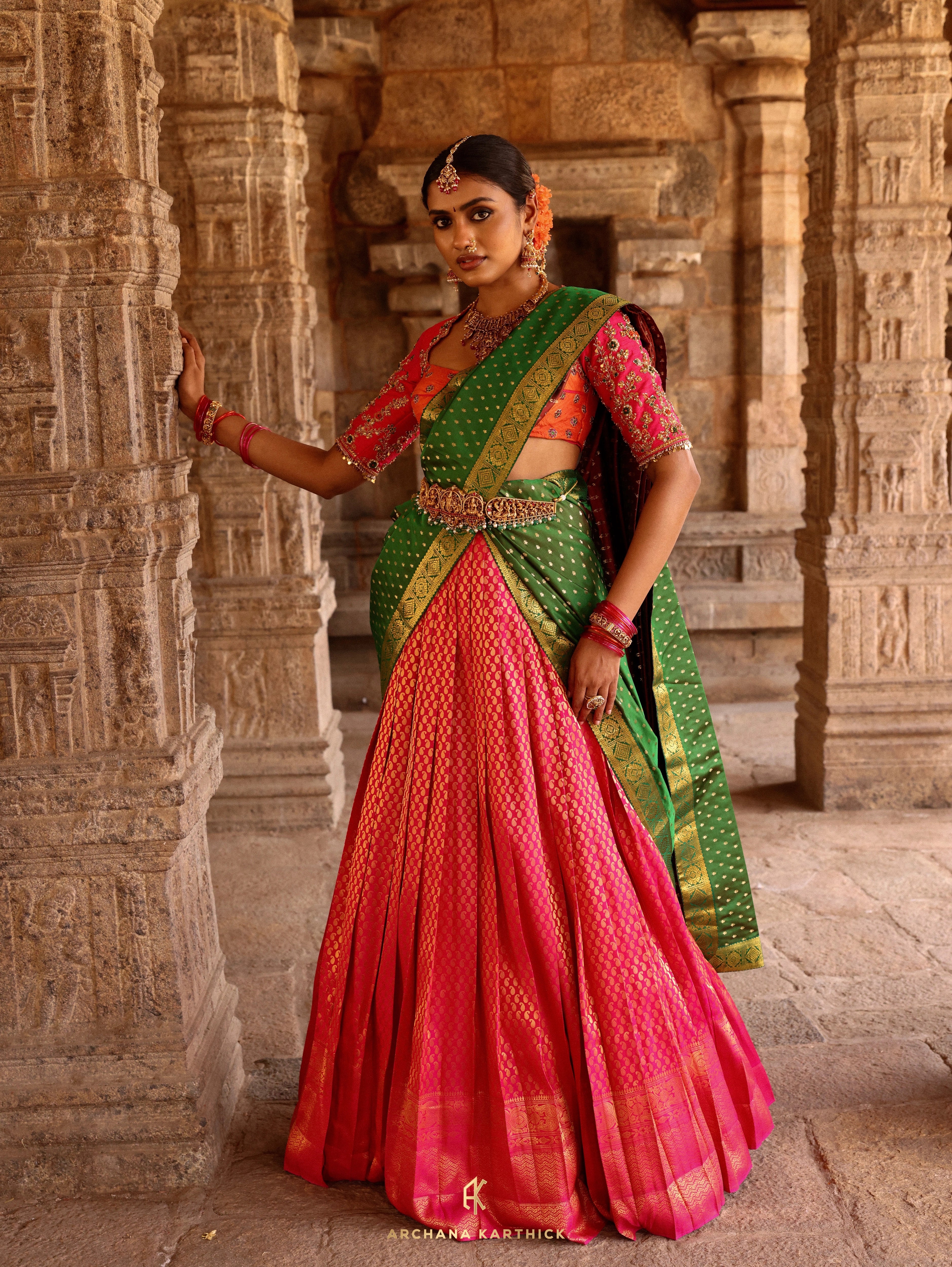 "Velu Nachiyar" - Orange, Pink & Green Silk Half Saree