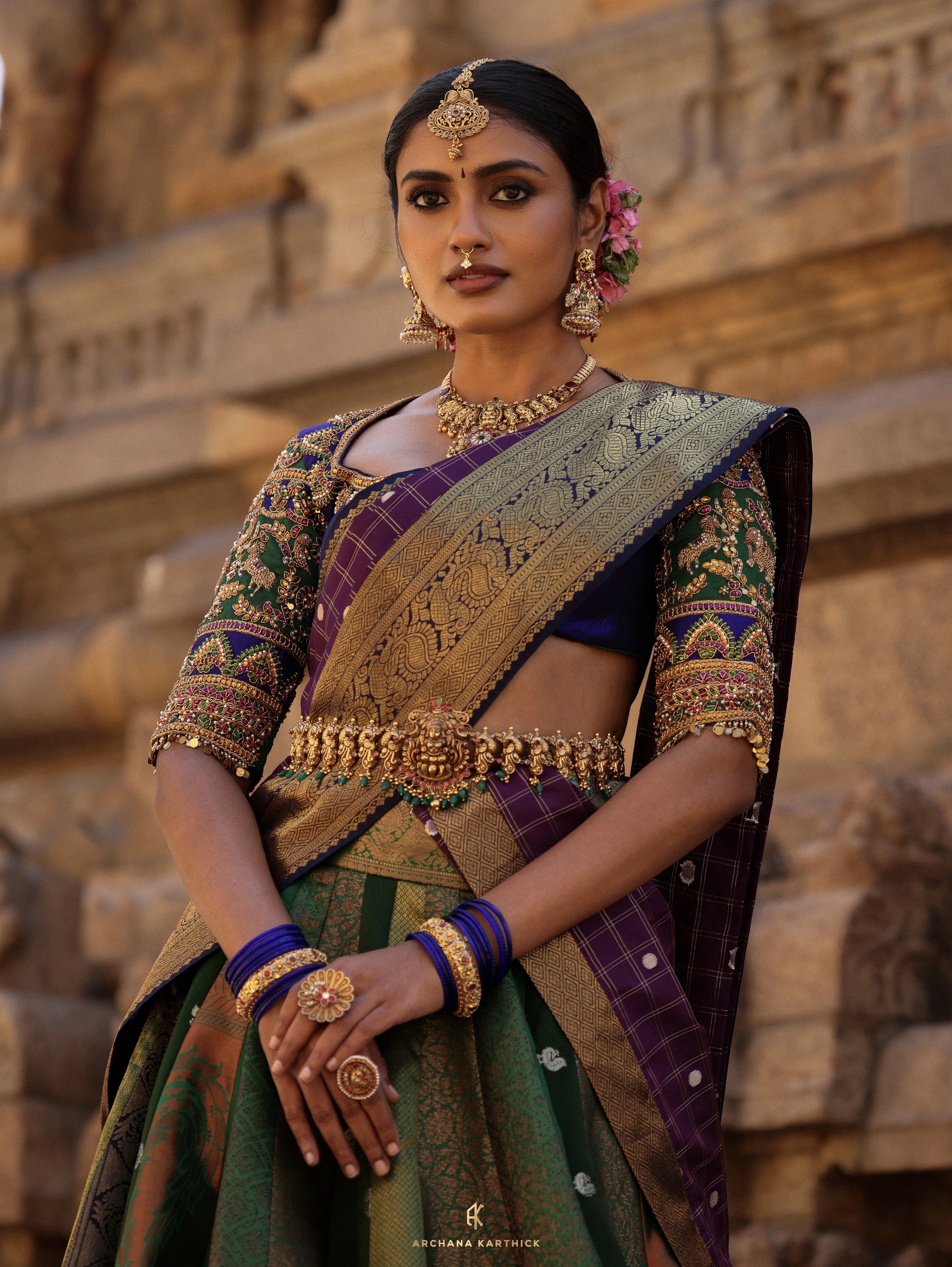 "Subbulakshmi" - Green, Purple & Blue Kanjeevaram & Benaras Silk Half Saree
