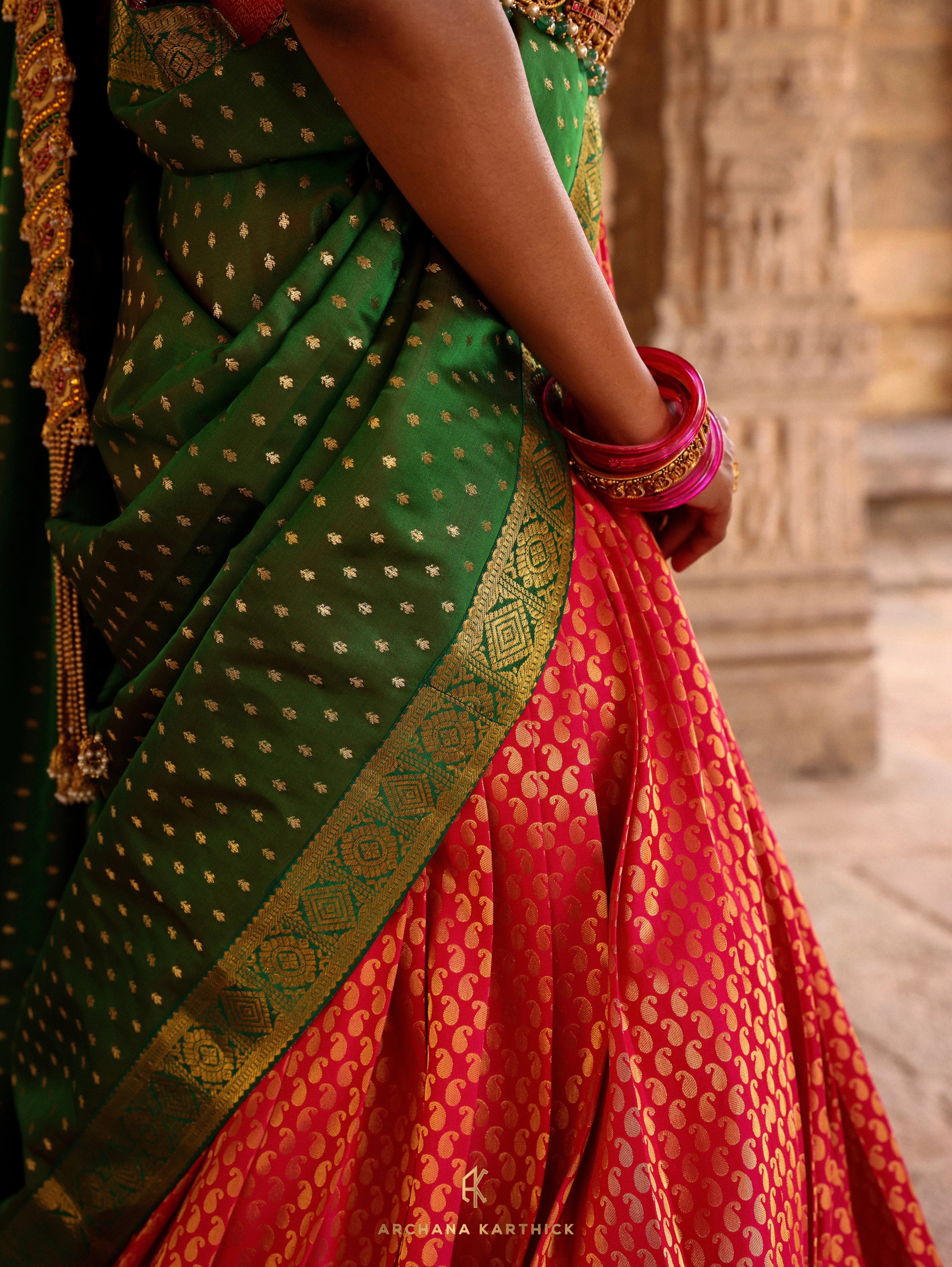 "Velu Nachiyar" - Orange, Pink & Green Silk Half Saree