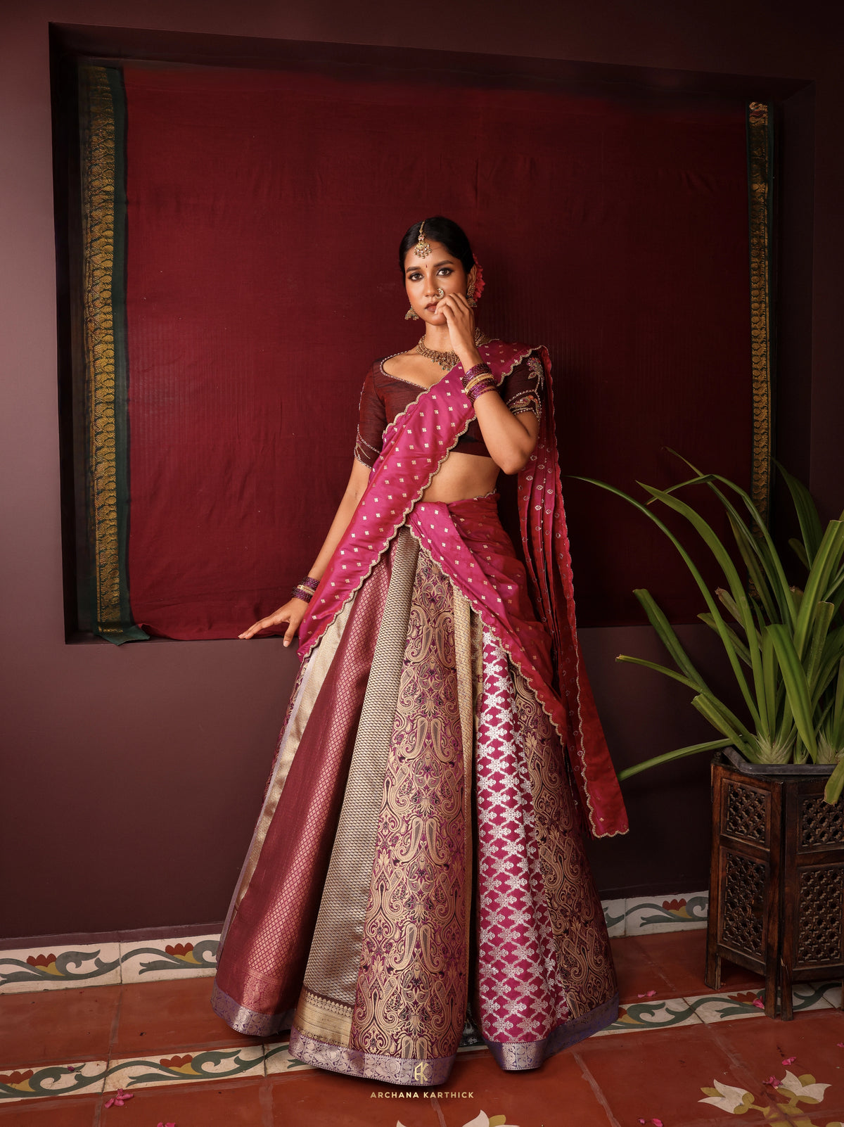 "Saamandhi" - Purple & Brown Silk Half Saree