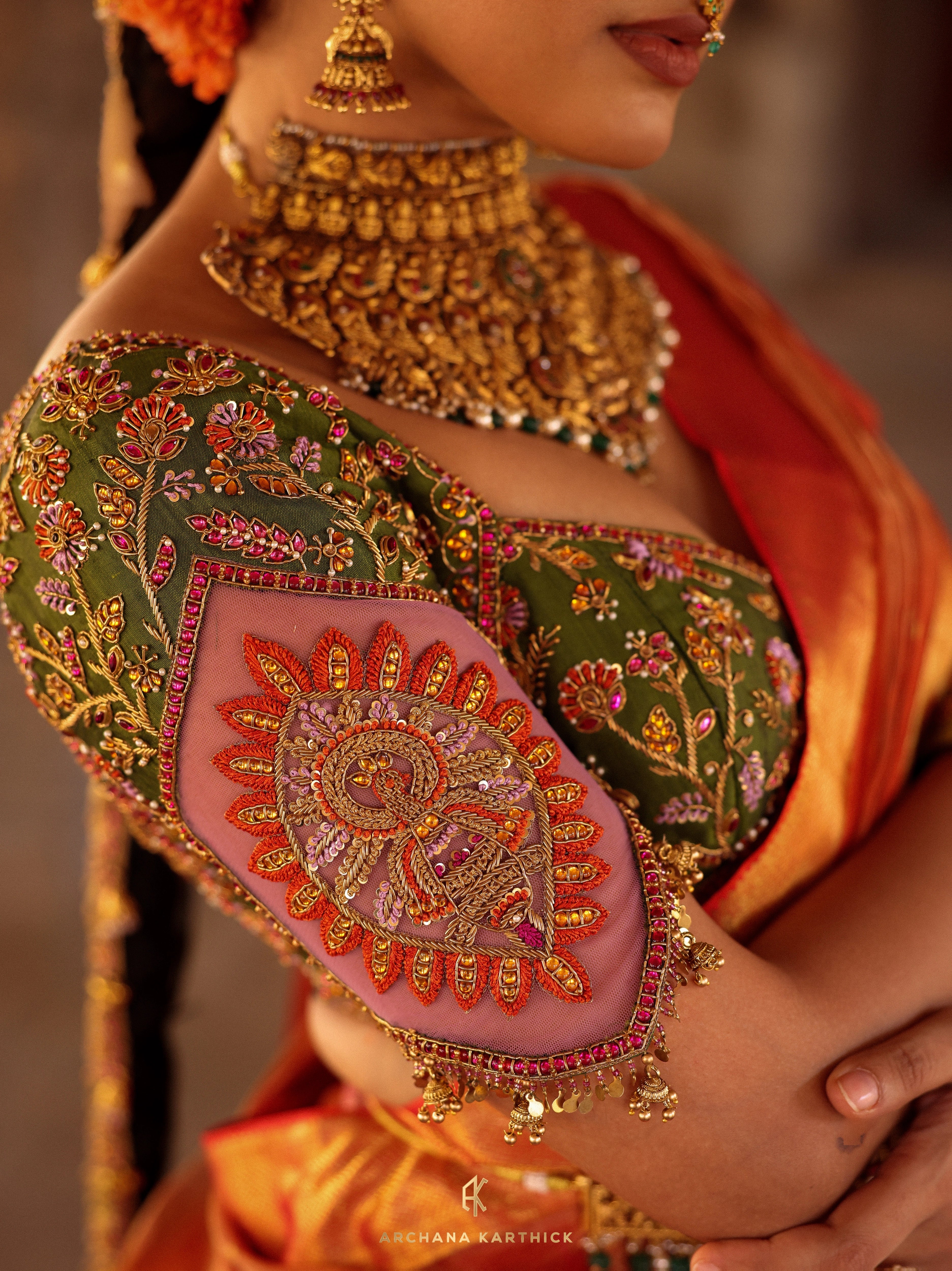 "Kundhavai" - Pink, Orange & Green Kanjeevaram Tissue Silk Half Saree