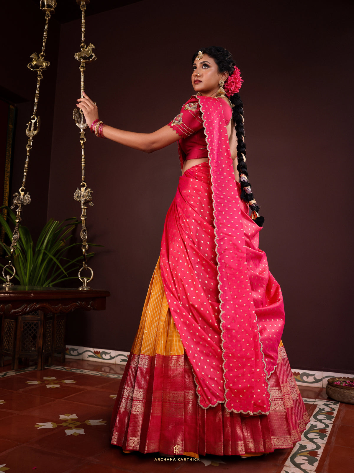 "Suryagandhi" - Pink & Yellow Silk Half Saree