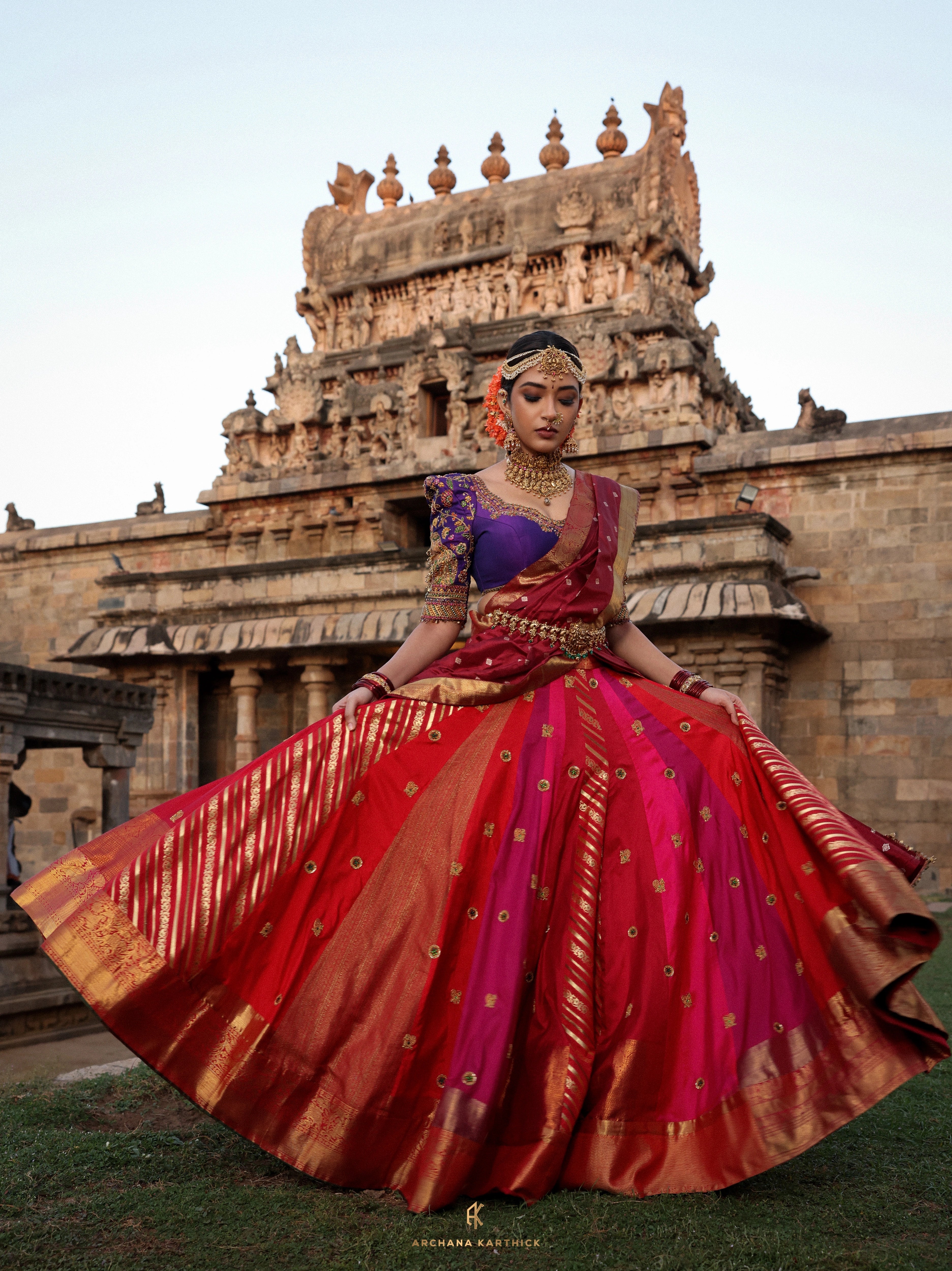 "Lokamahadevi" - Red, Purple & Maroon Kanjeevaram Silk Half Saree