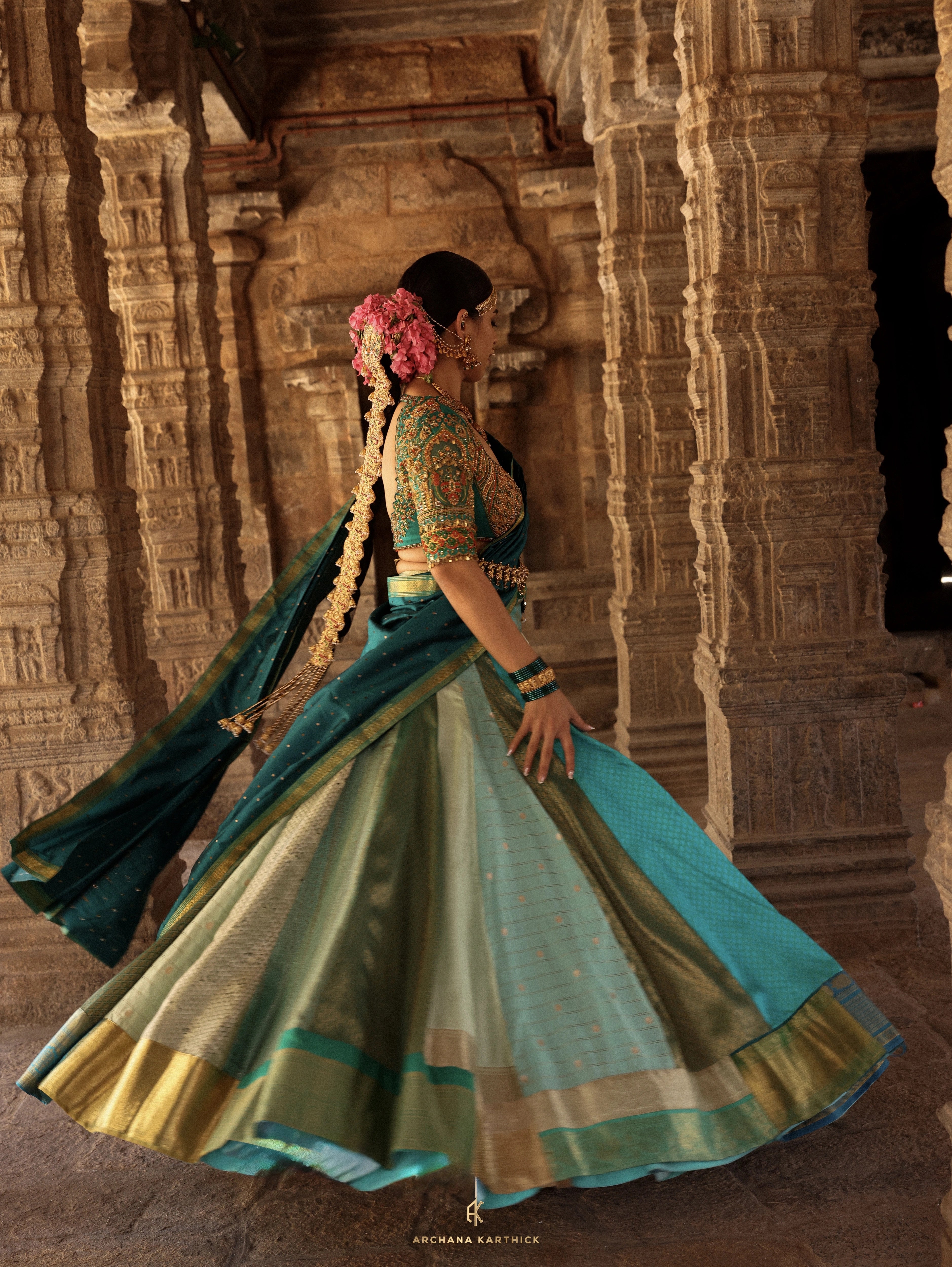 "Rukmini Devi" - Teal Kanjeevaram & Brocade Silk Half Saree