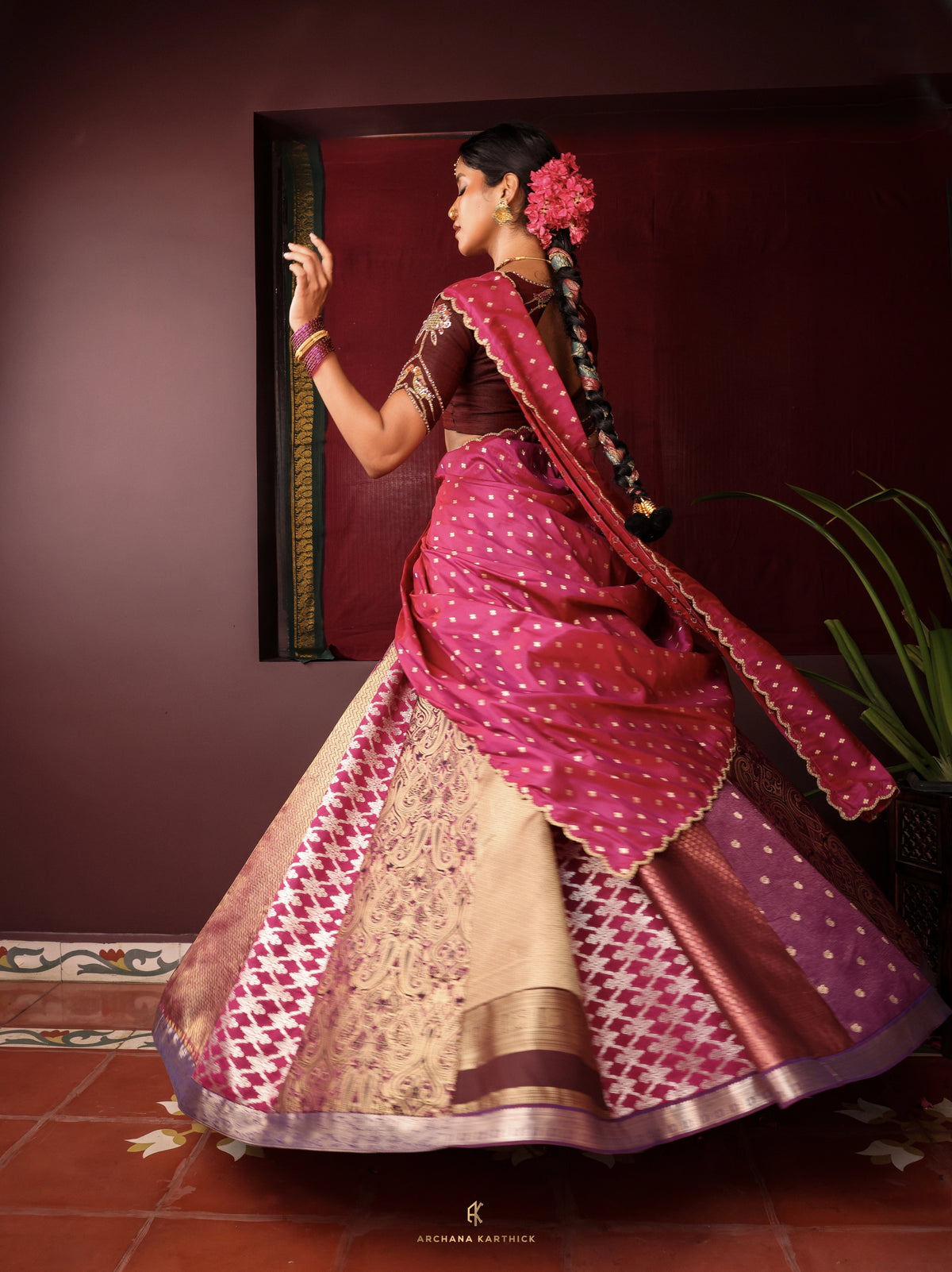 "Saamandhi" - Purple & Brown Silk Half Saree