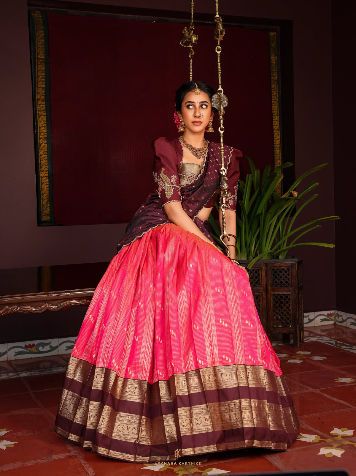 "Arali" - Pink & Brown Silk Half Saree