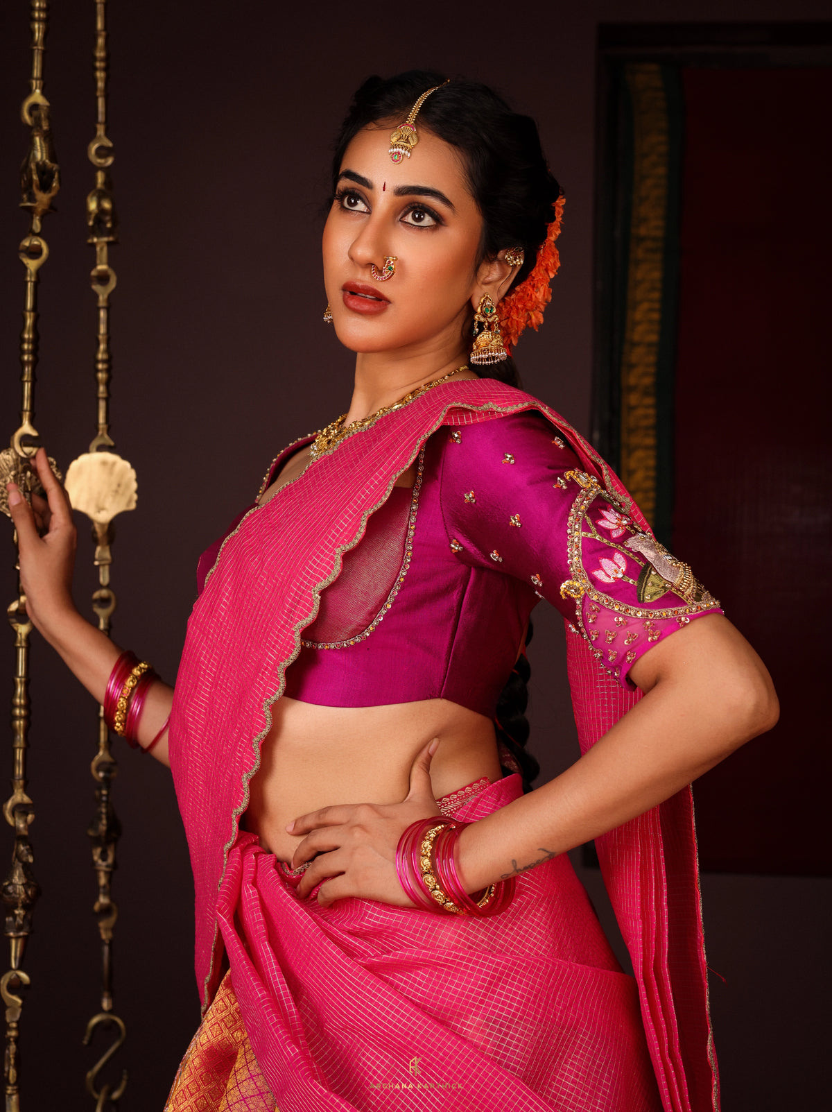 "Jaathimalli" - Pink & Orange Silk Half Saree