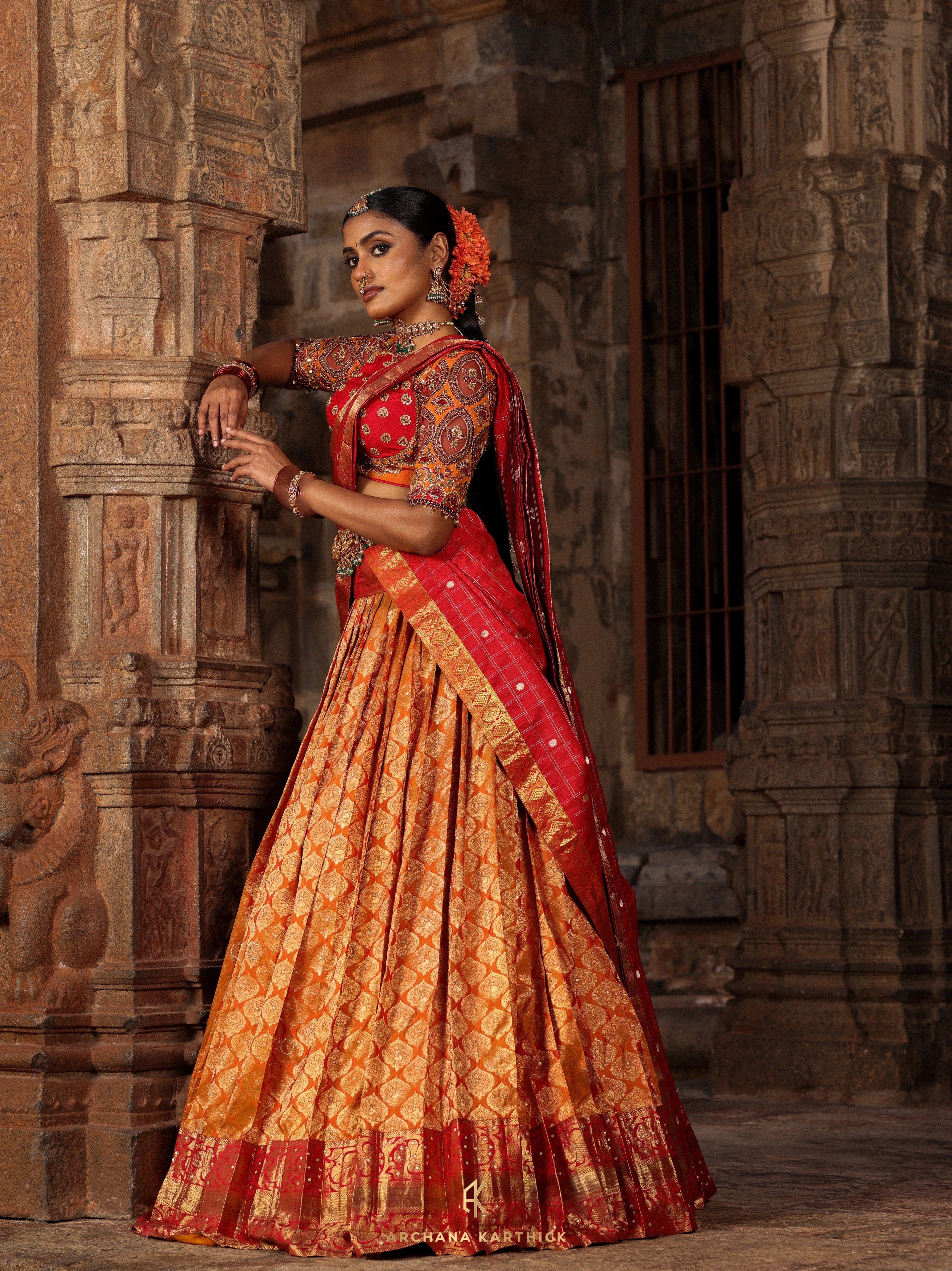 "Sembiyan Mahadevi" - Red, Mustard & Gold Kanjeevaram Silk Half Saree