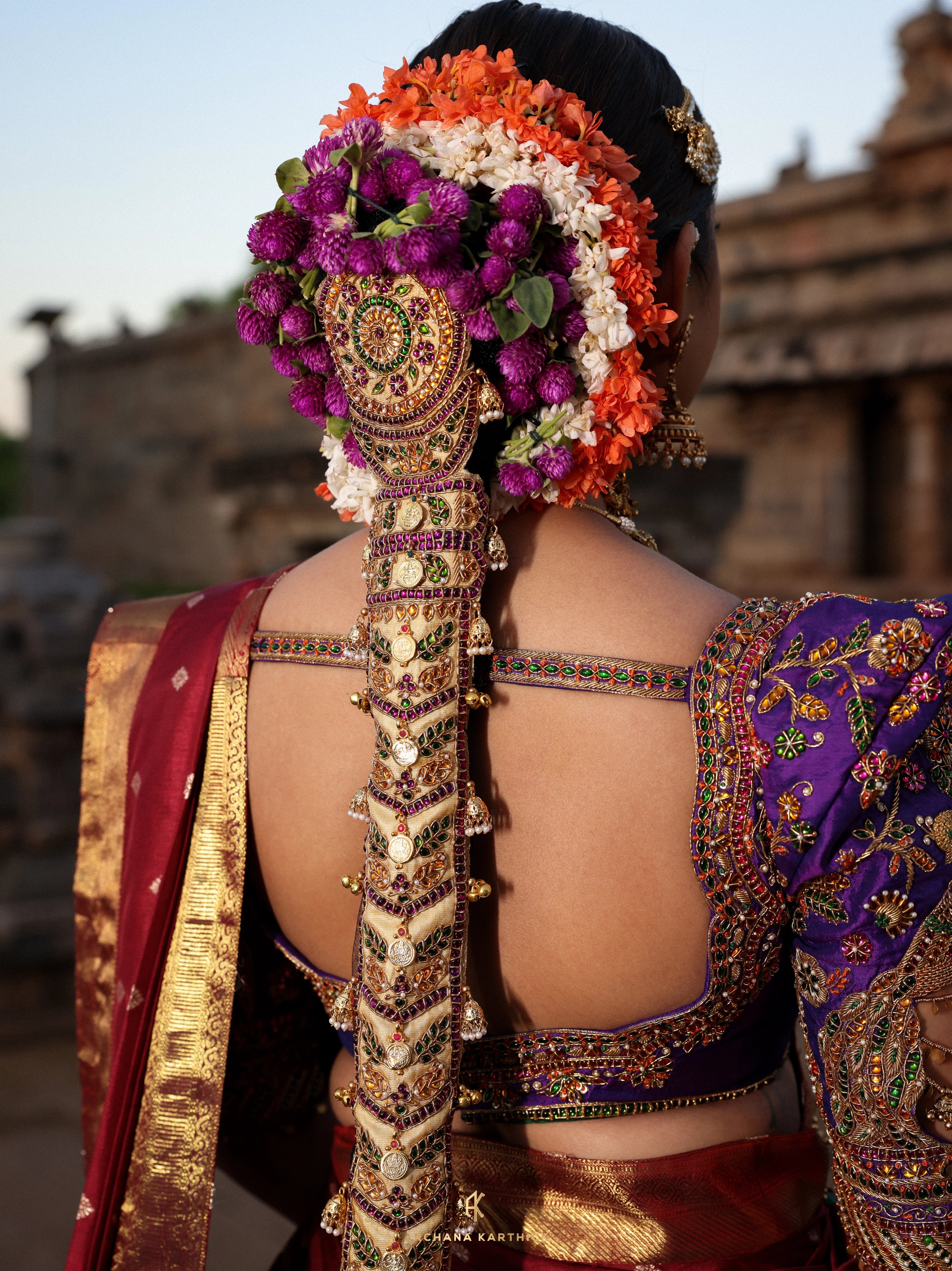 "Lokamahadevi" - Red, Purple & Maroon Kanjeevaram Silk Half Saree