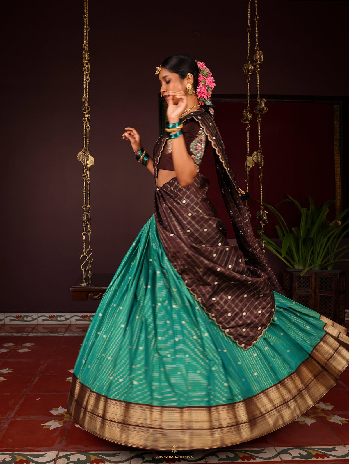 "Neelakurinji" - Teal & Brown Silk Half Saree