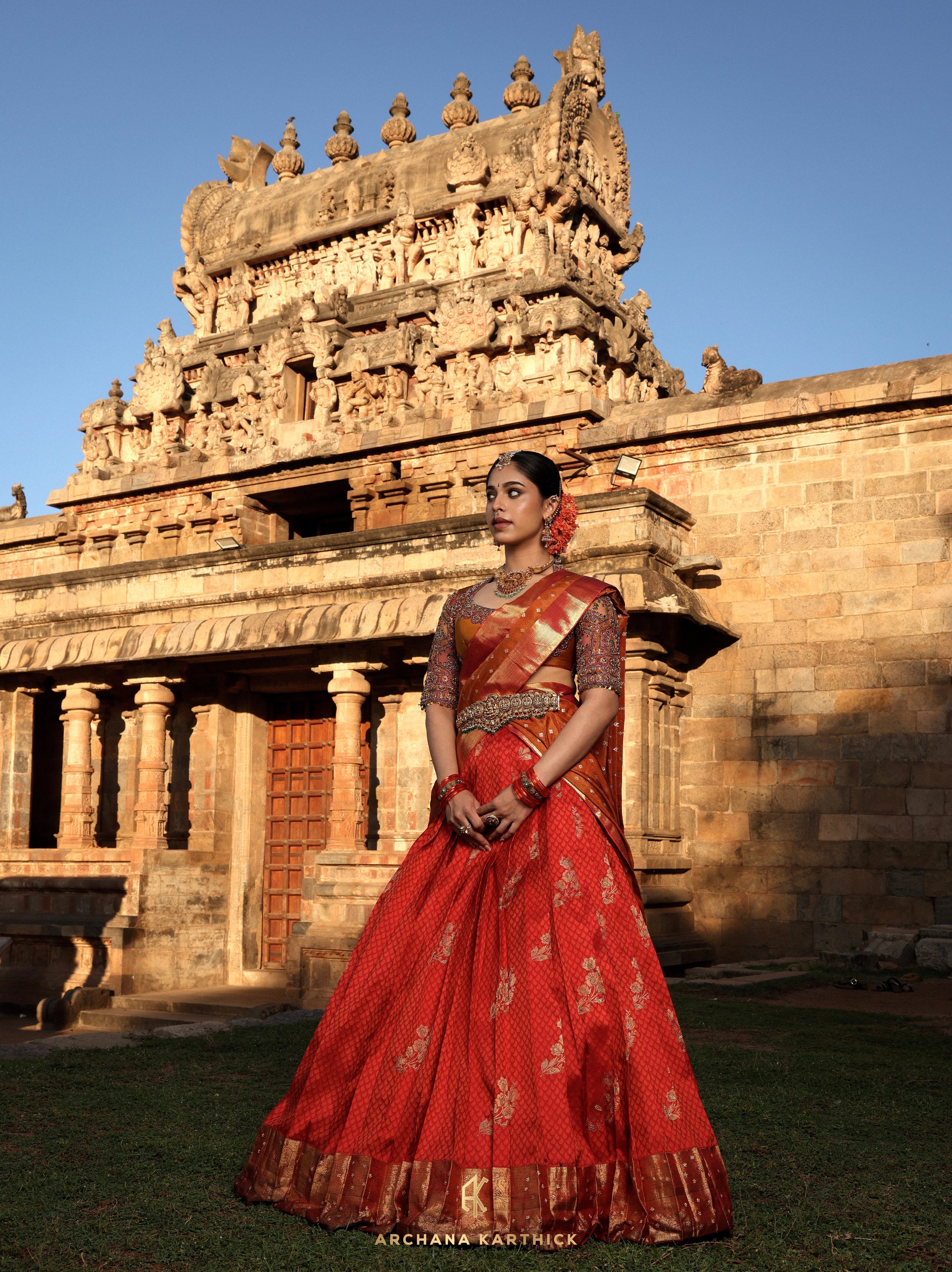 "Mangammal" - Red, Mustard & Orange Kanjeevaram Silk Half Saree