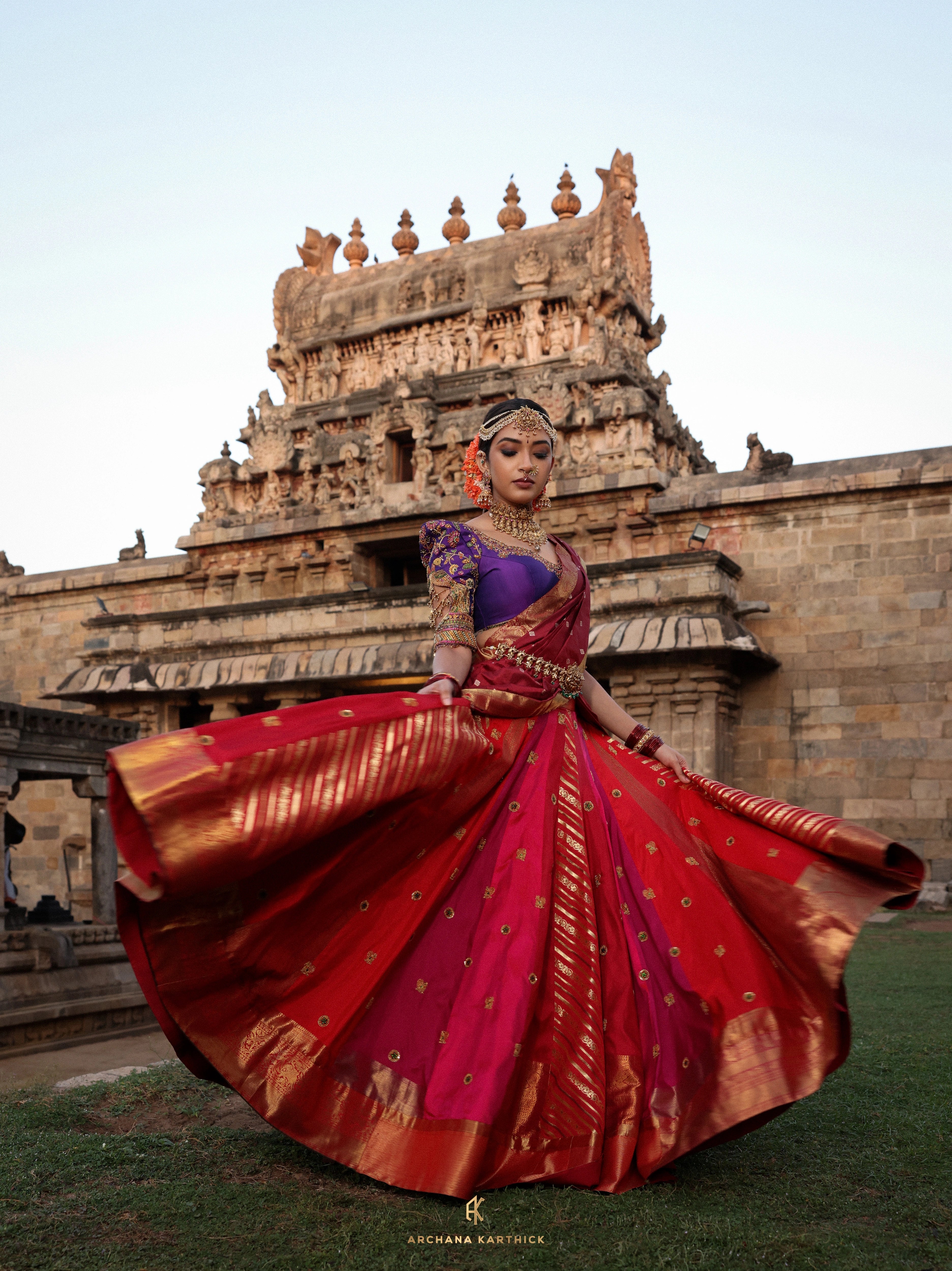 "Lokamahadevi" - Red, Purple & Maroon Kanjeevaram Silk Half Saree