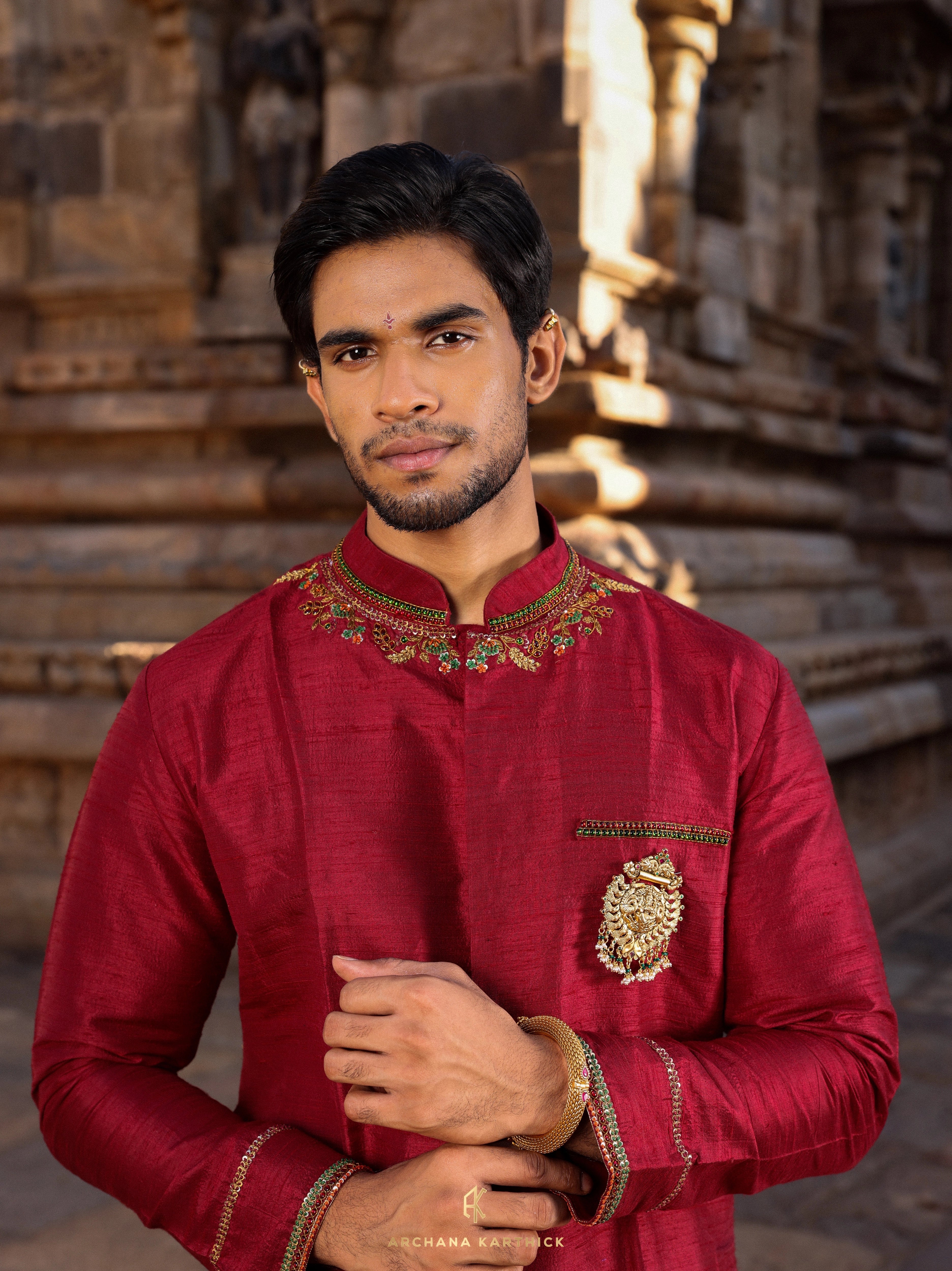 "Gandaraditya" - Maroon Raw Silk Kurta Set for Men