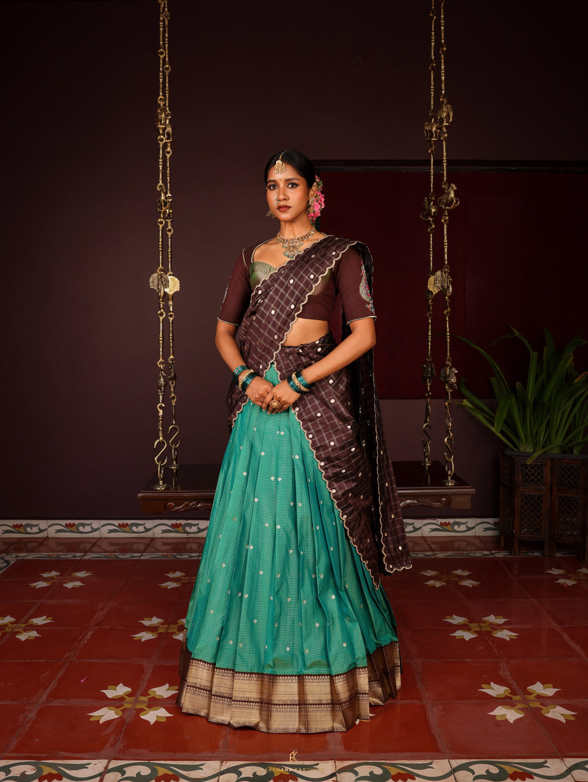 "Neelakurinji" - Teal & Brown Silk Half Saree