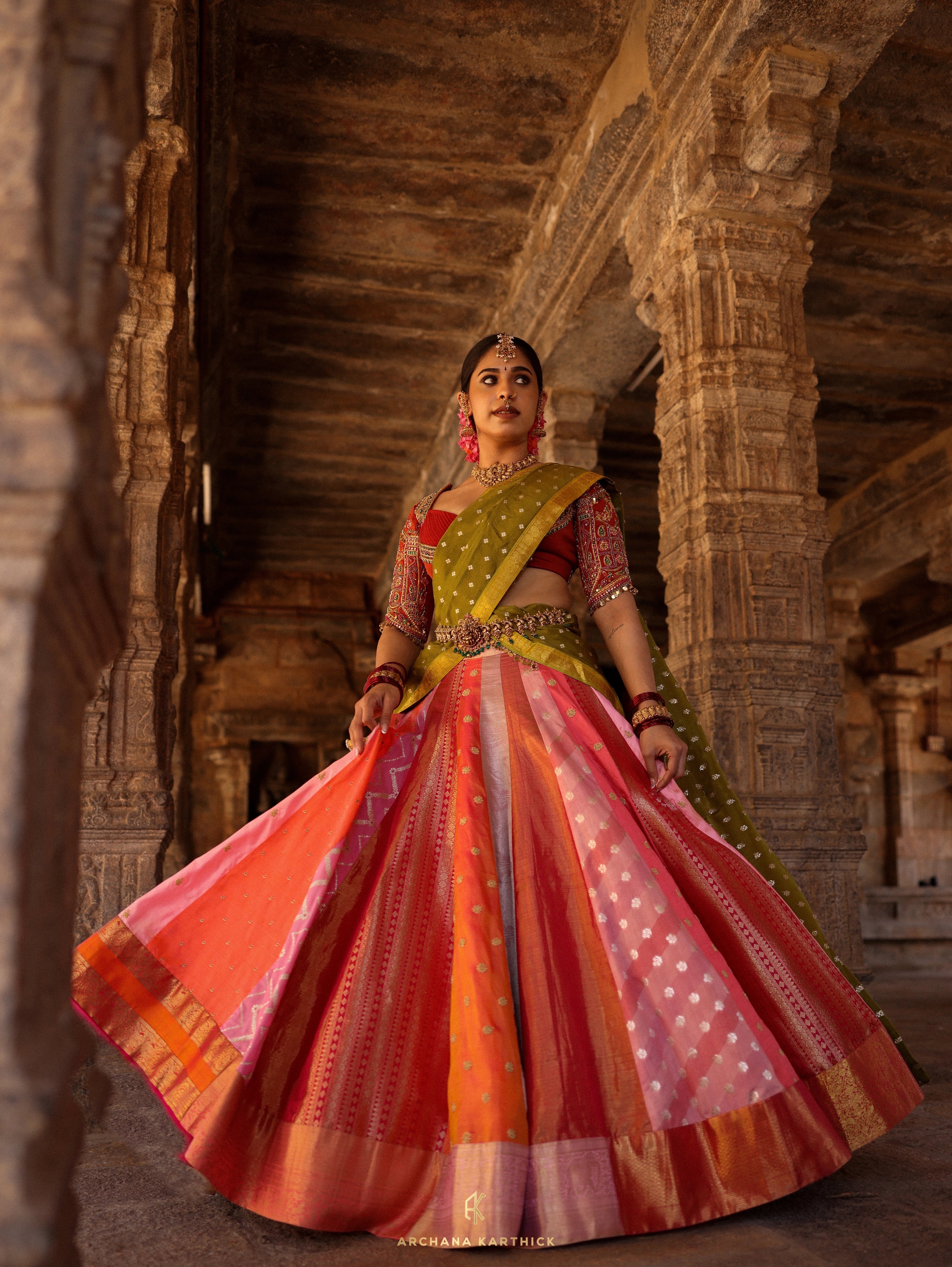 "Rudrama Devi" - Pink, Red & Green Kanjeevaram Silk Half Saree