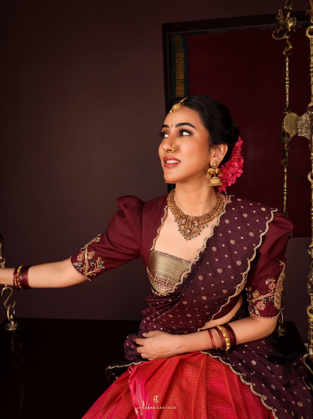 "Arali" - Pink & Brown Silk Half Saree
