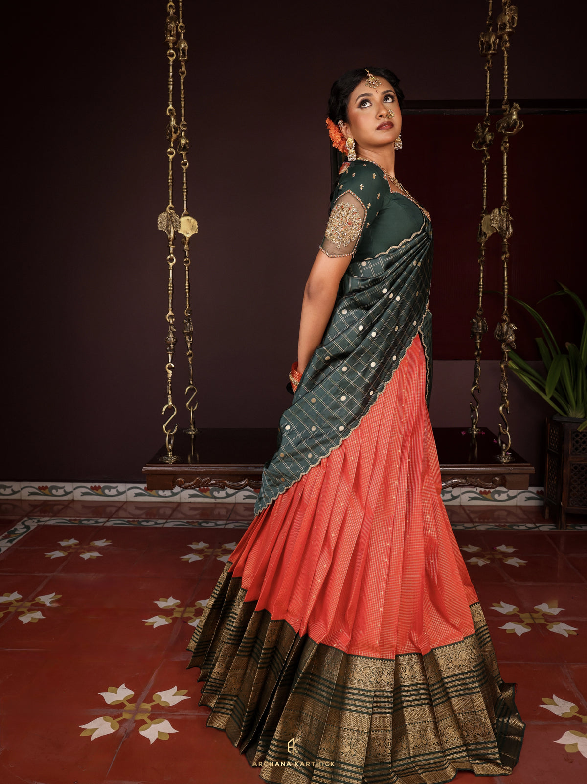 "Kanakambaram" - Green & Orange Half Saree