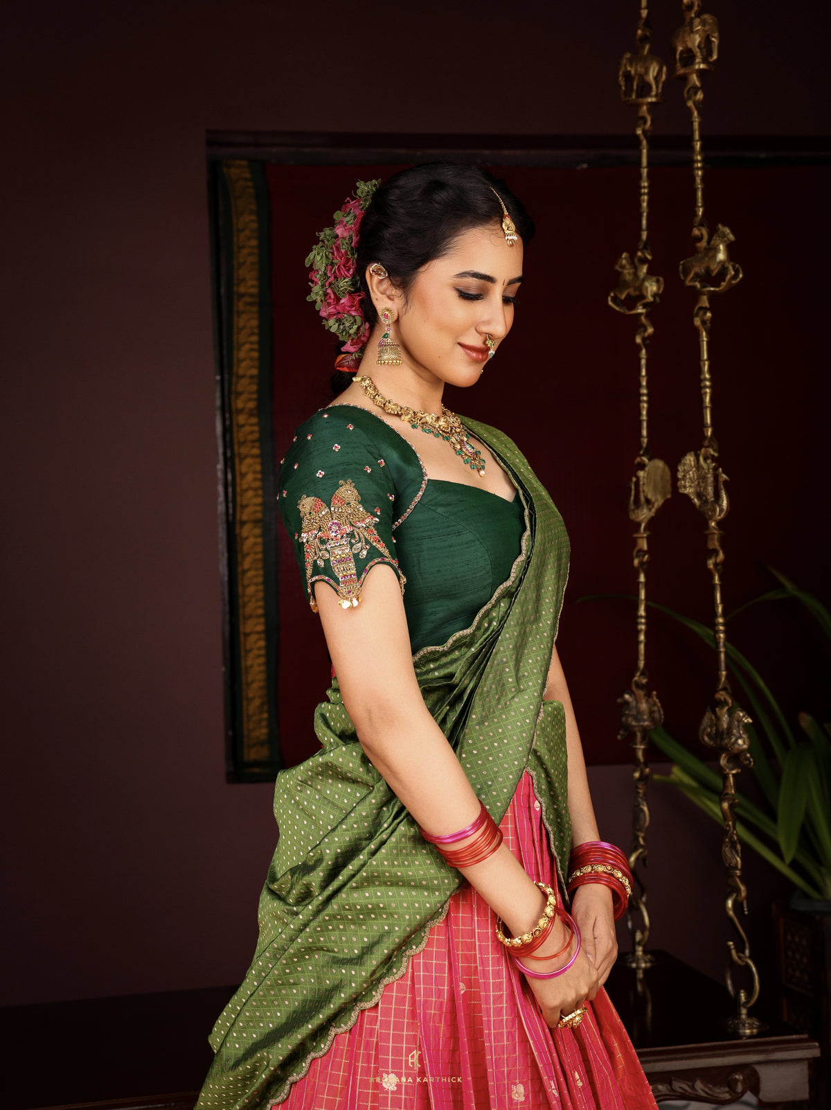 "Sembaruthi" - Green & Pink Silk Half Saree
