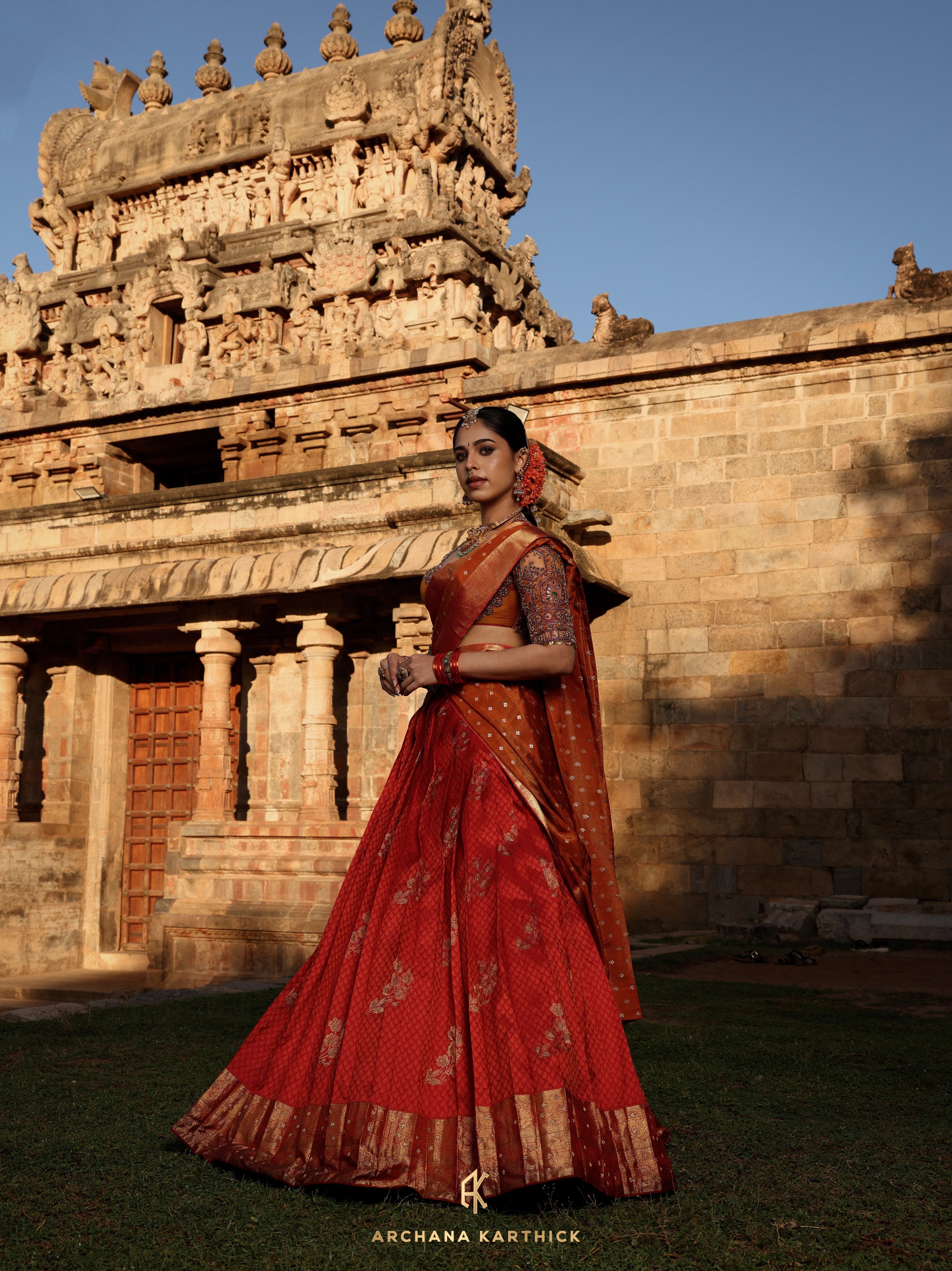 "Mangammal" - Red, Mustard & Orange Kanjeevaram Silk Half Saree