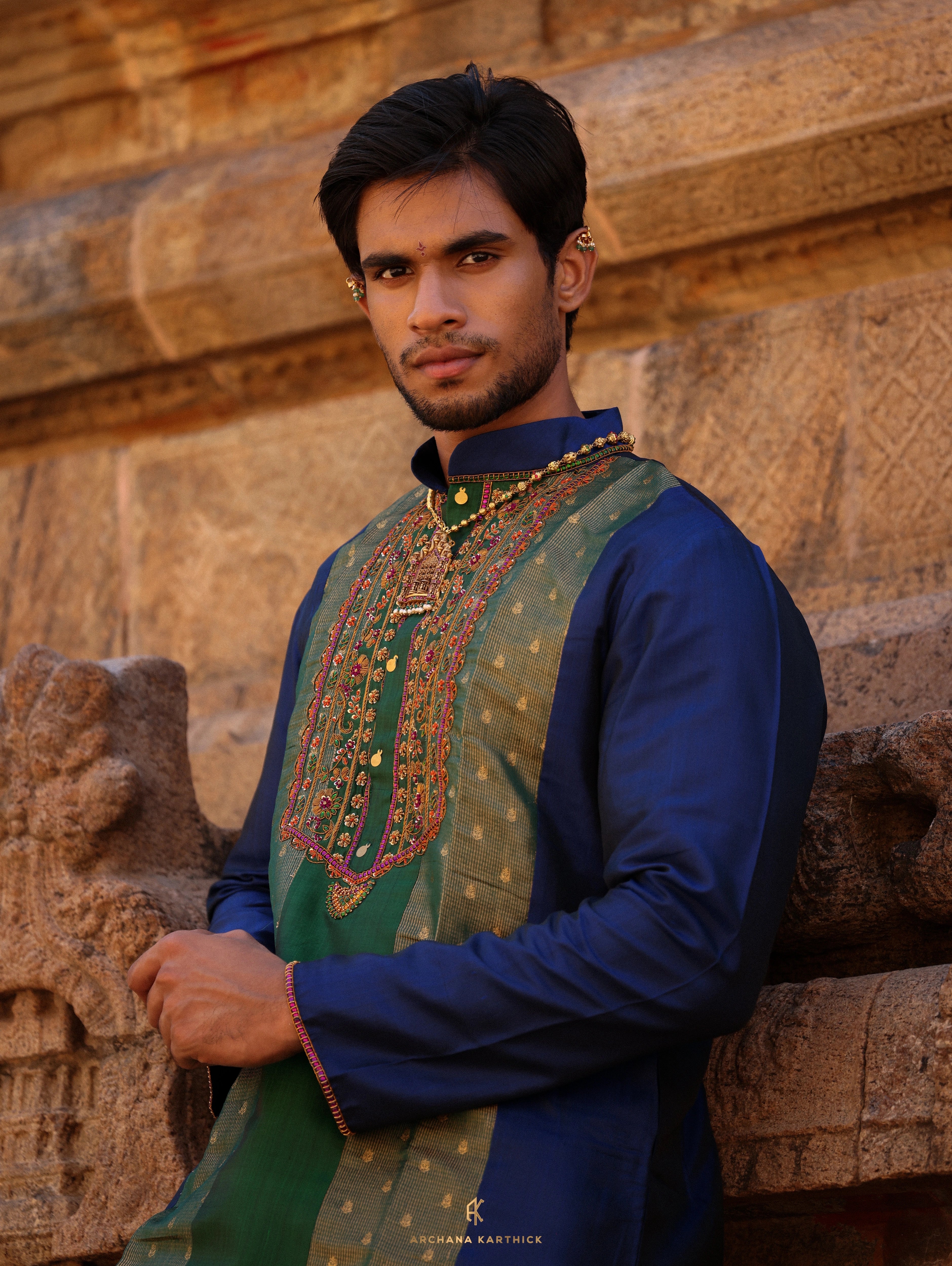 "Sadasivam" - Green & Blue Kanjeevaram Silk Kurta Set for Men