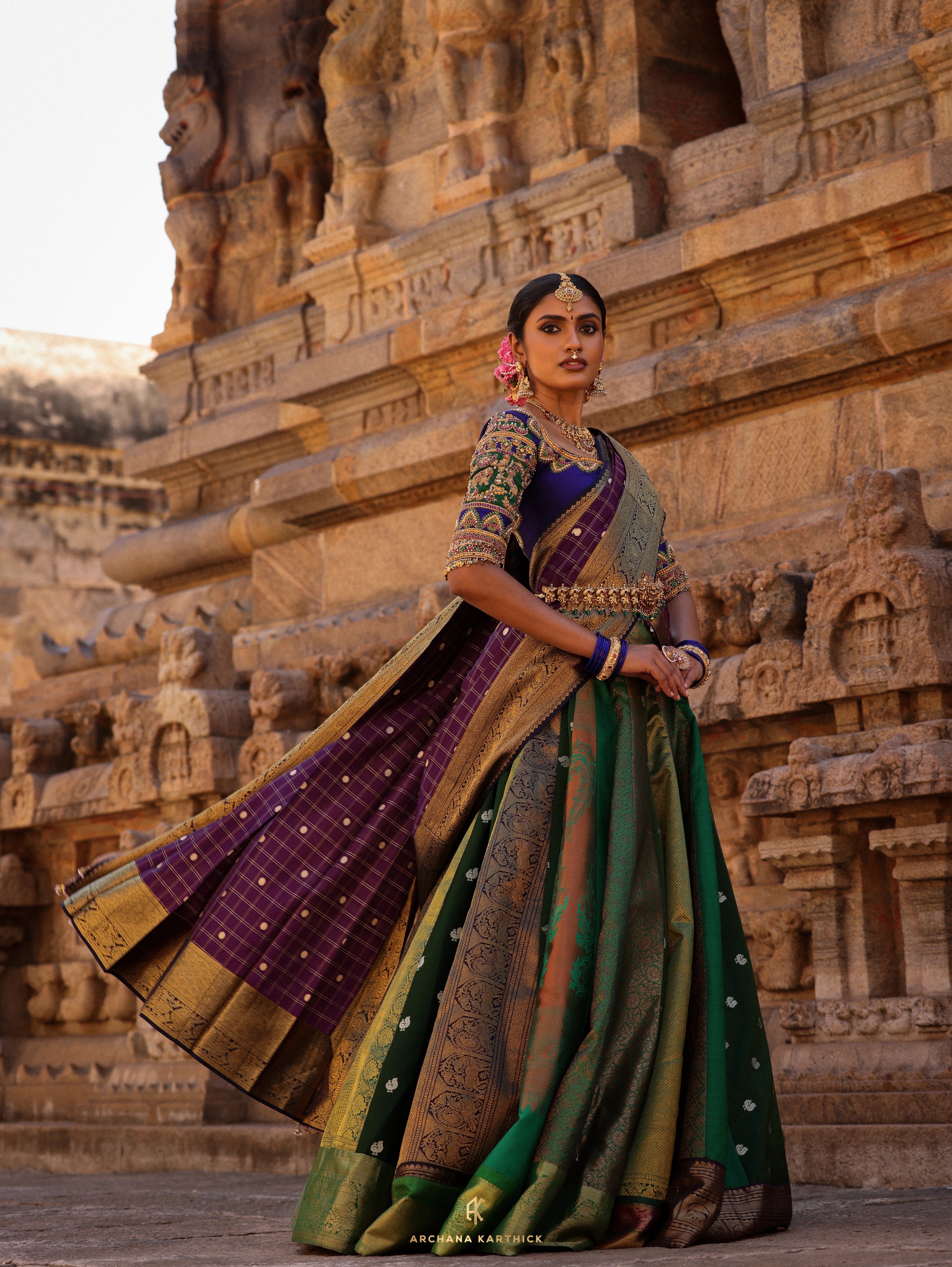 "Subbulakshmi" - Green, Purple & Blue Kanjeevaram & Benaras Silk Half Saree