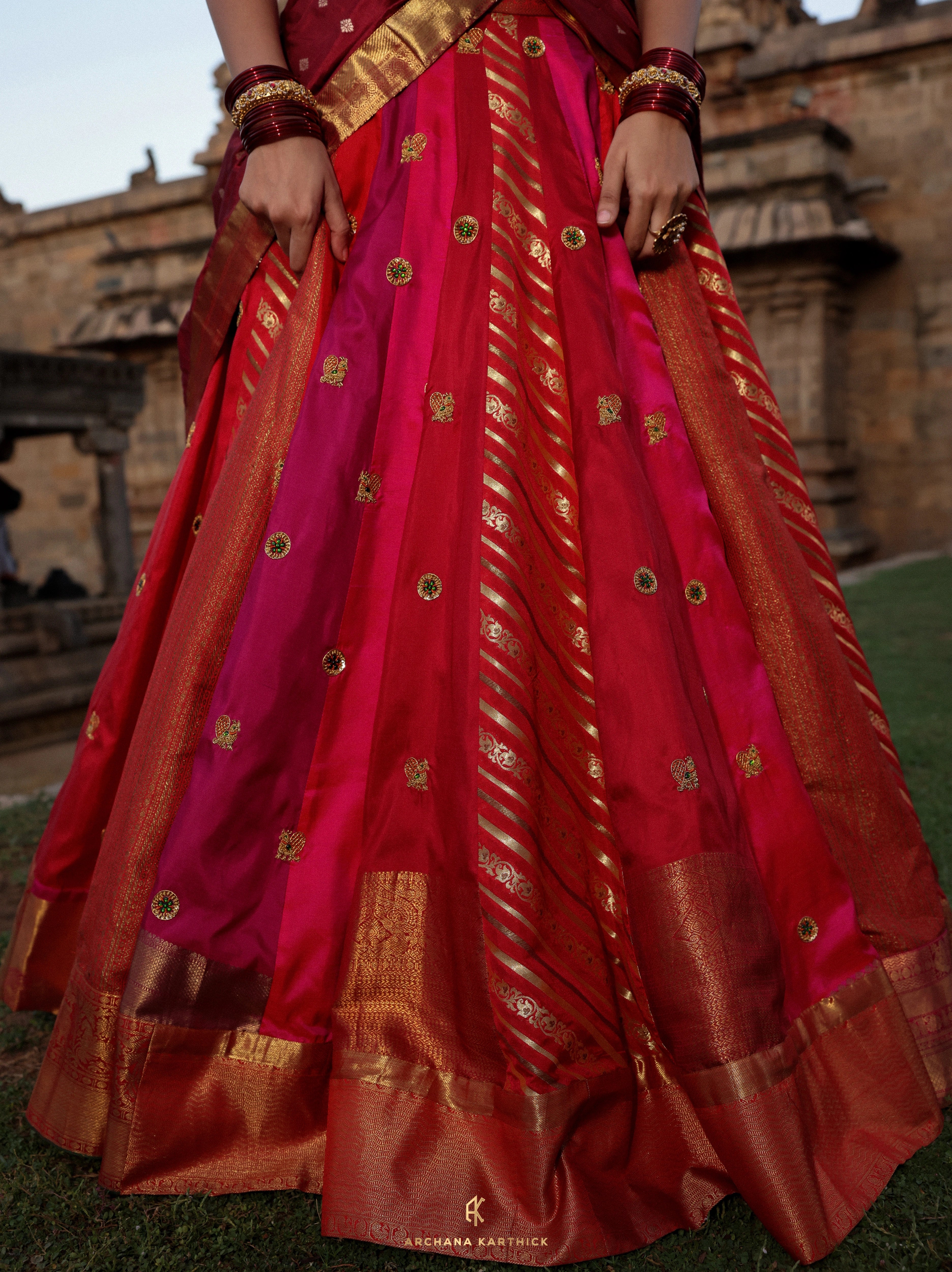 "Lokamahadevi" - Red, Purple & Maroon Kanjeevaram Silk Half Saree