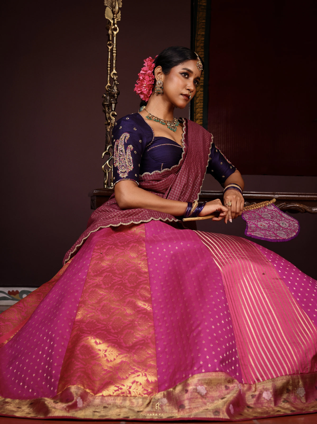 "Thamarai" - Blue, Pink & Magenta Silk Half Saree