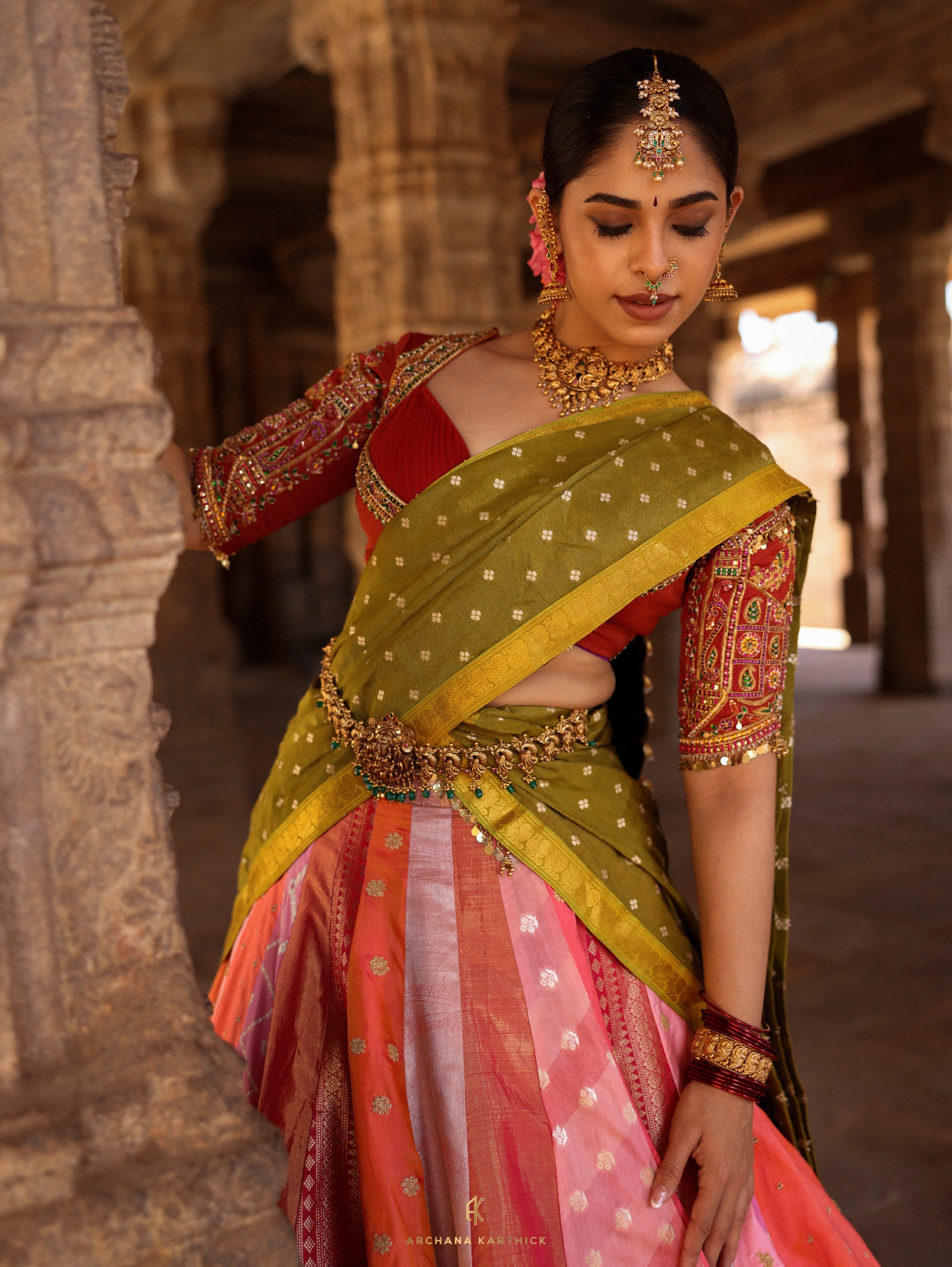 "Rudrama Devi" - Pink, Red & Green Kanjeevaram Silk Half Saree