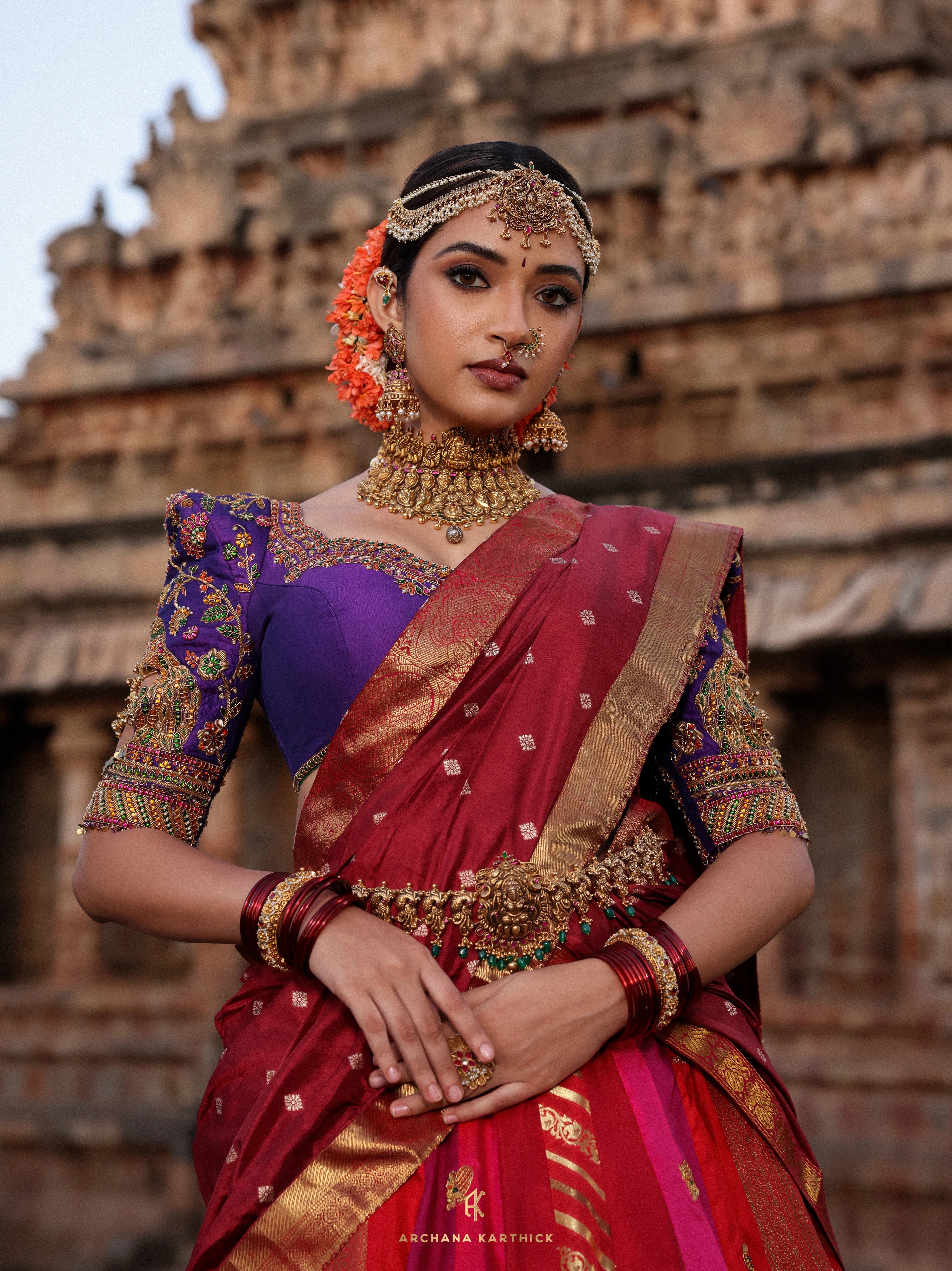 "Lokamahadevi" - Red, Purple & Maroon Kanjeevaram Silk Half Saree