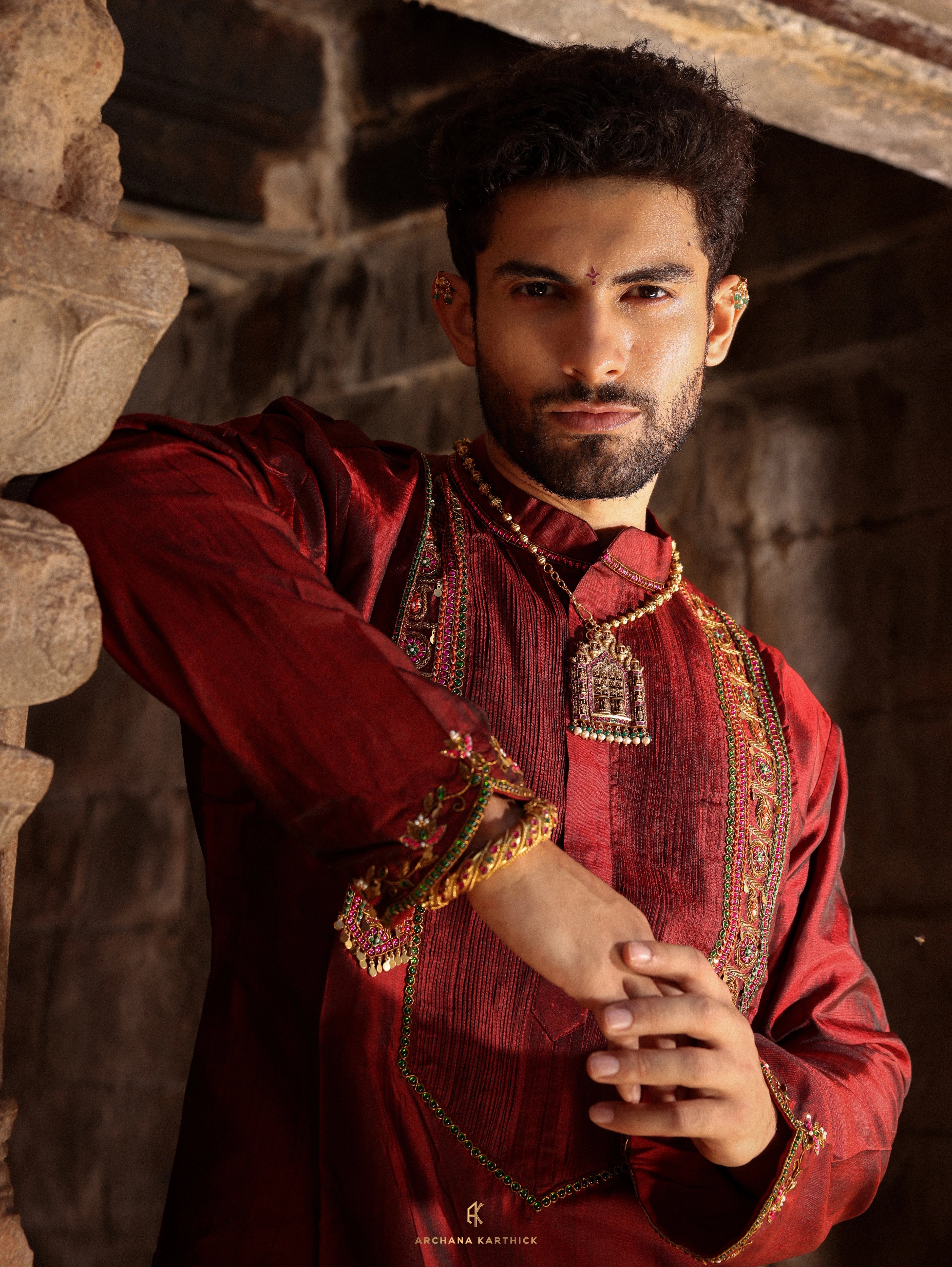 "Veerabadra" - Maroon & Gold Silk Kurta Veshti Set for Men