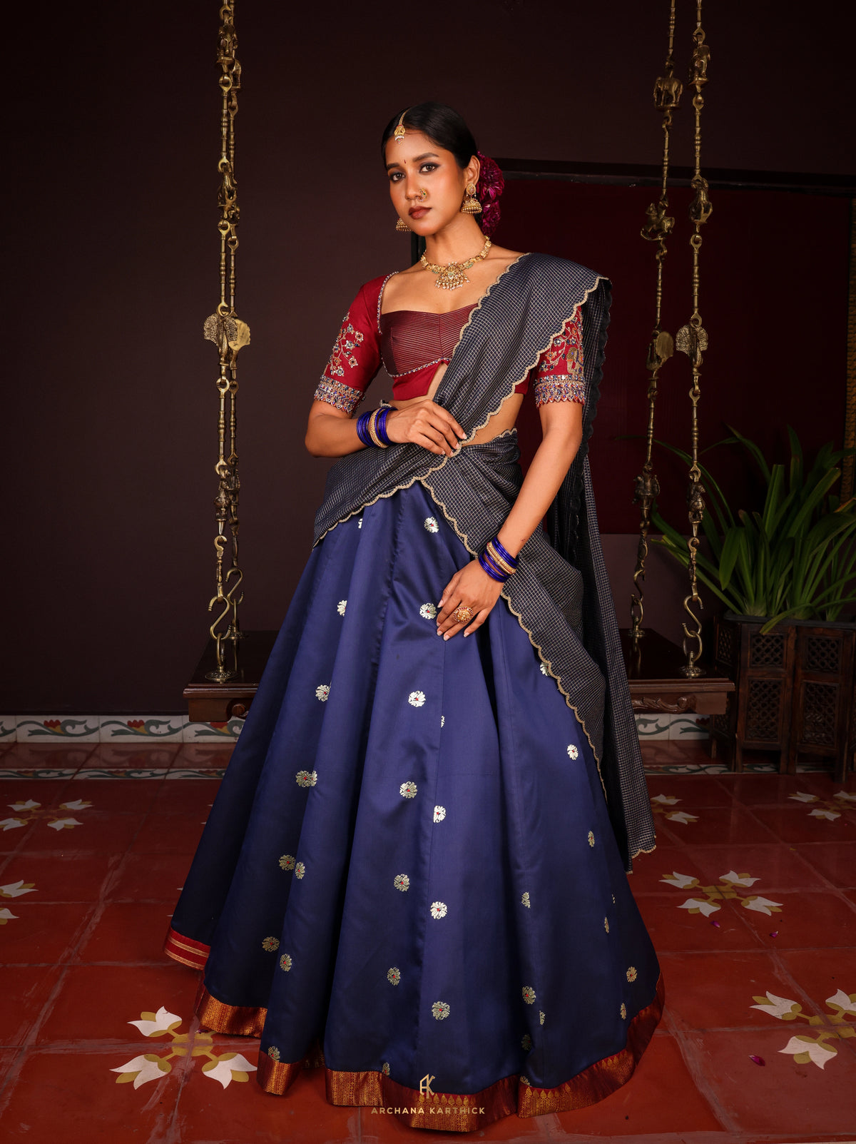 "Virutchi" - Blue & Maroon Silk Half Saree