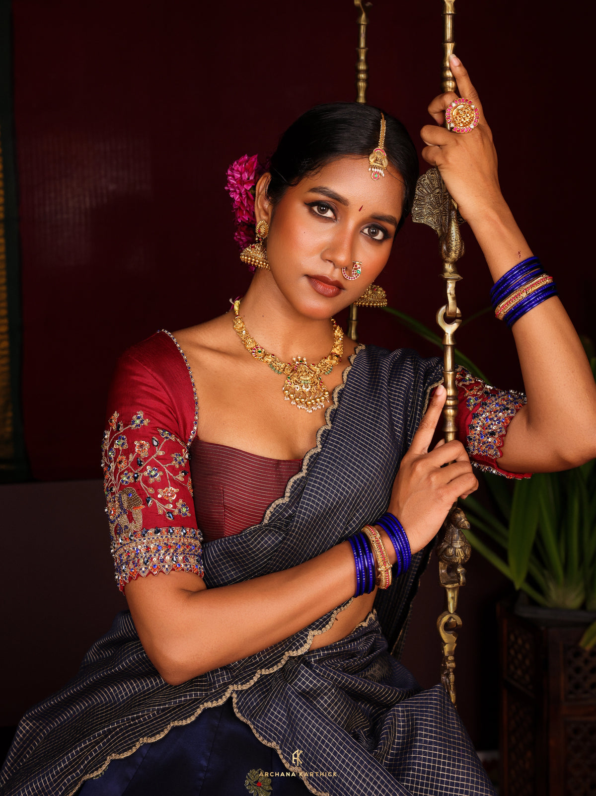 "Virutchi" - Blue & Maroon Silk Half Saree